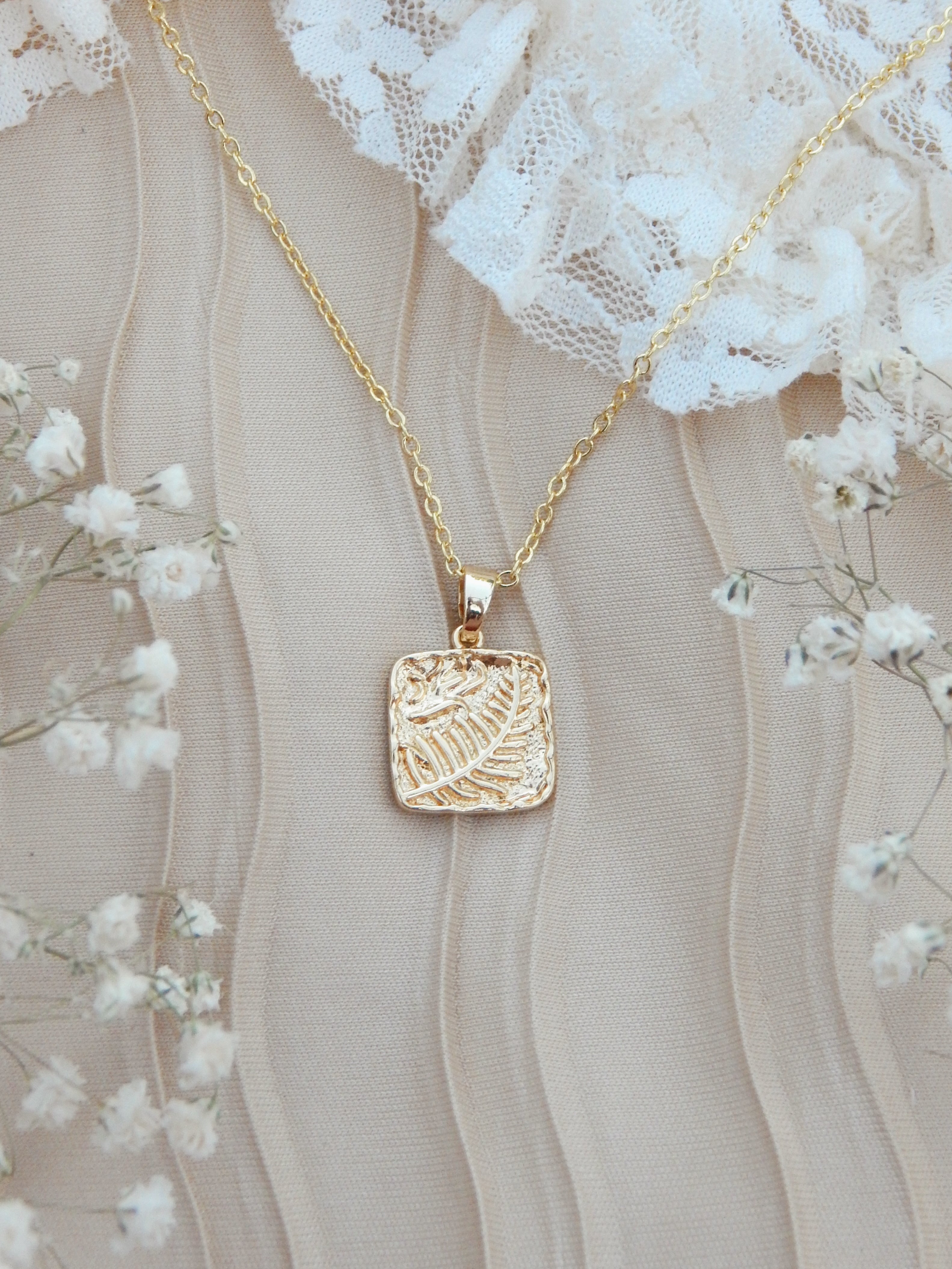 Fern Necklace – 18k Gold Plated Textured Square Nature-Inspired Pendant Necklace