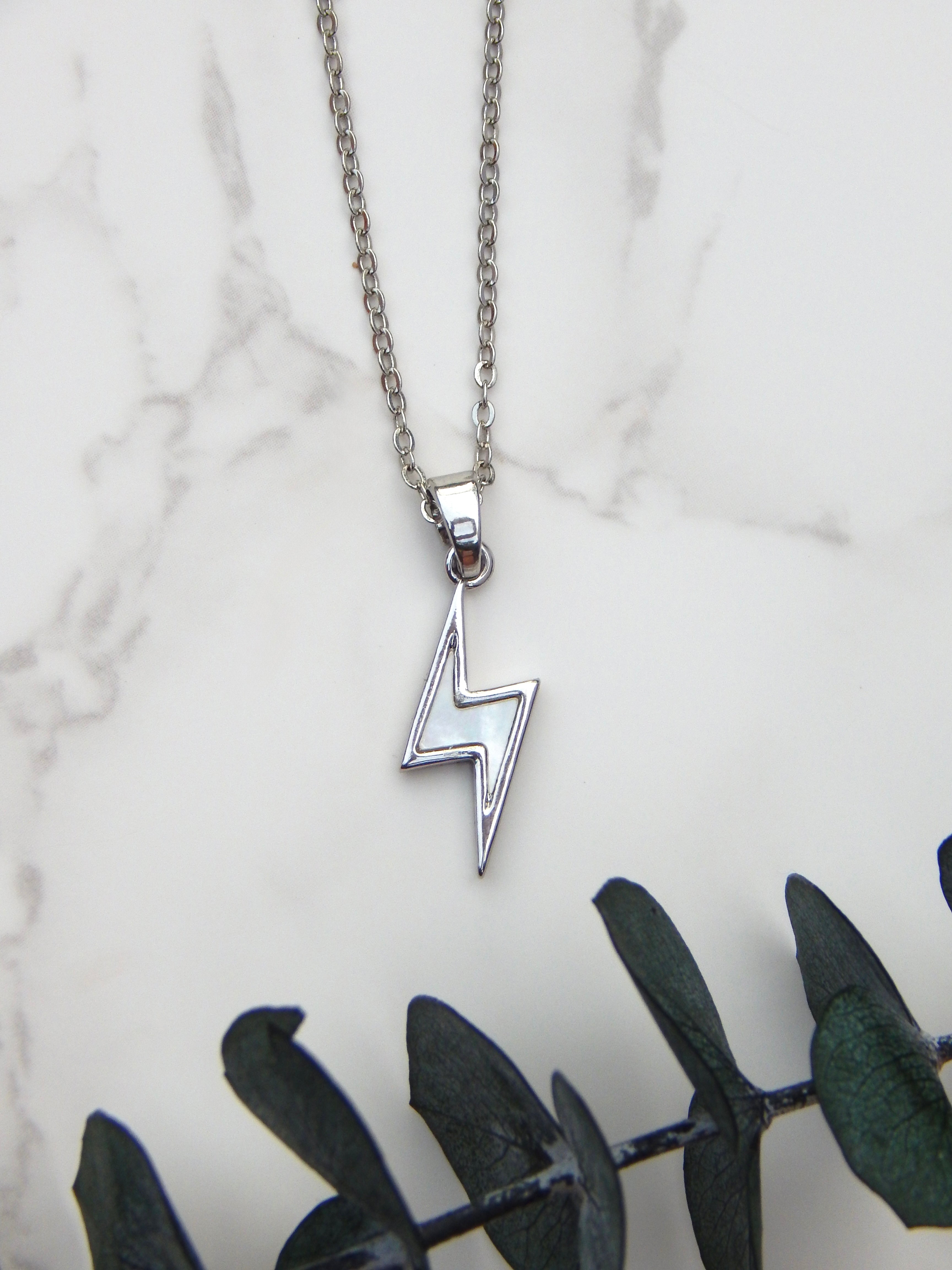 Bolt Necklace – Gold or Silver Lightning Pendant with Mother of Pearl