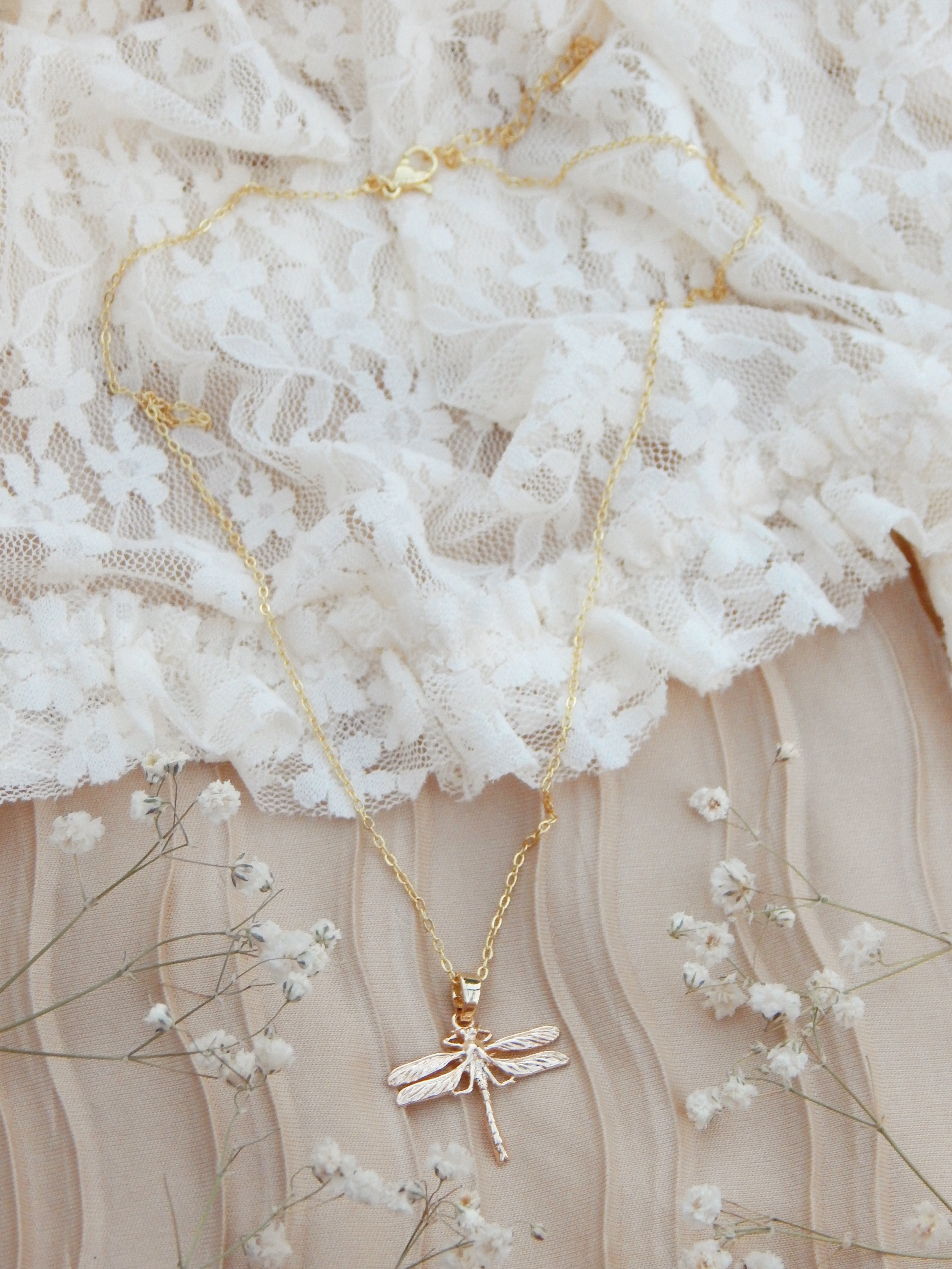 Gold Dragonfly Pendant Necklace – Boho Hippie Nature Jewelry