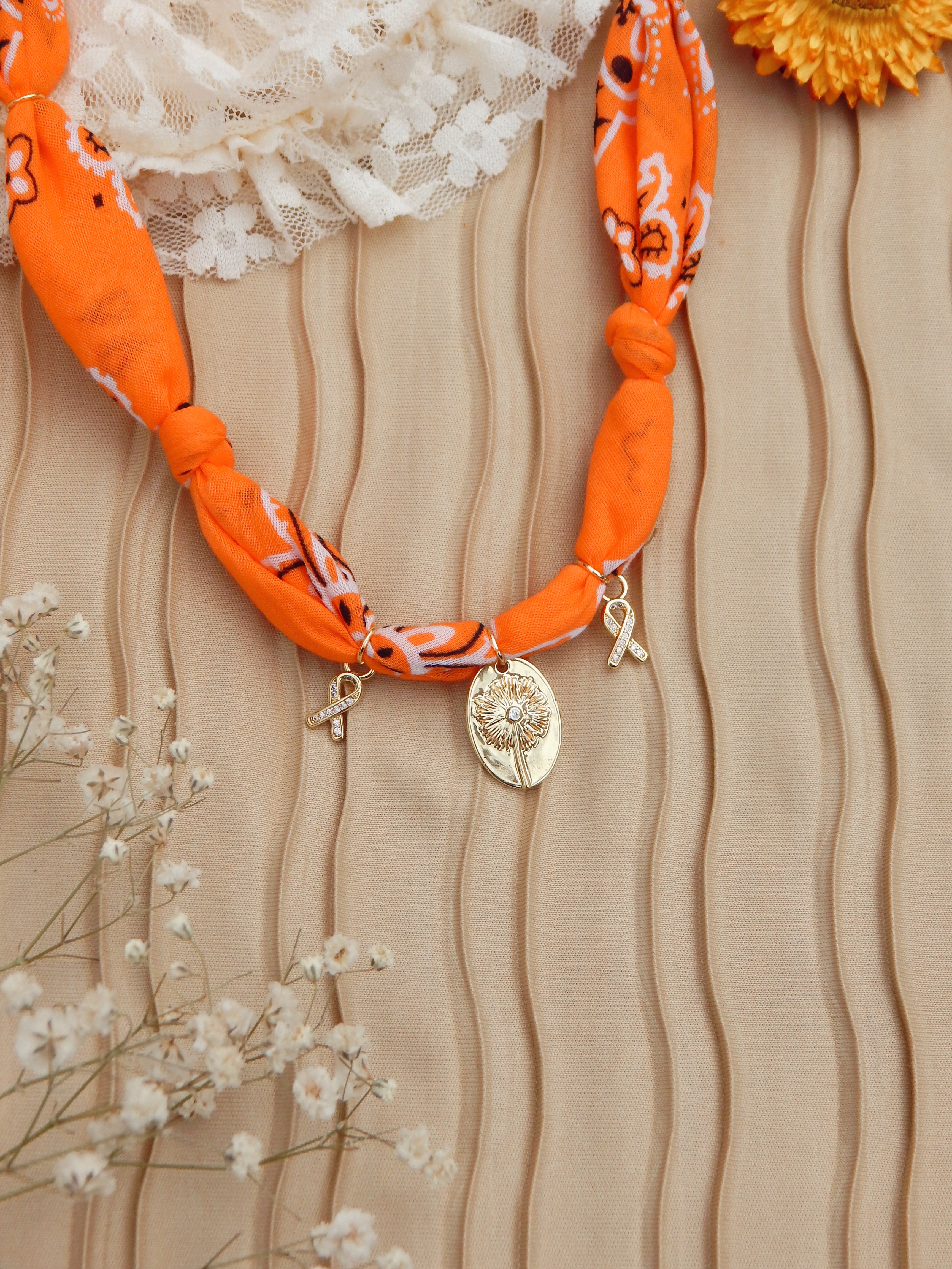 Dandelion Wish Bandana Charm Necklace – Adjustable 20” Max | 18k Gold Accents