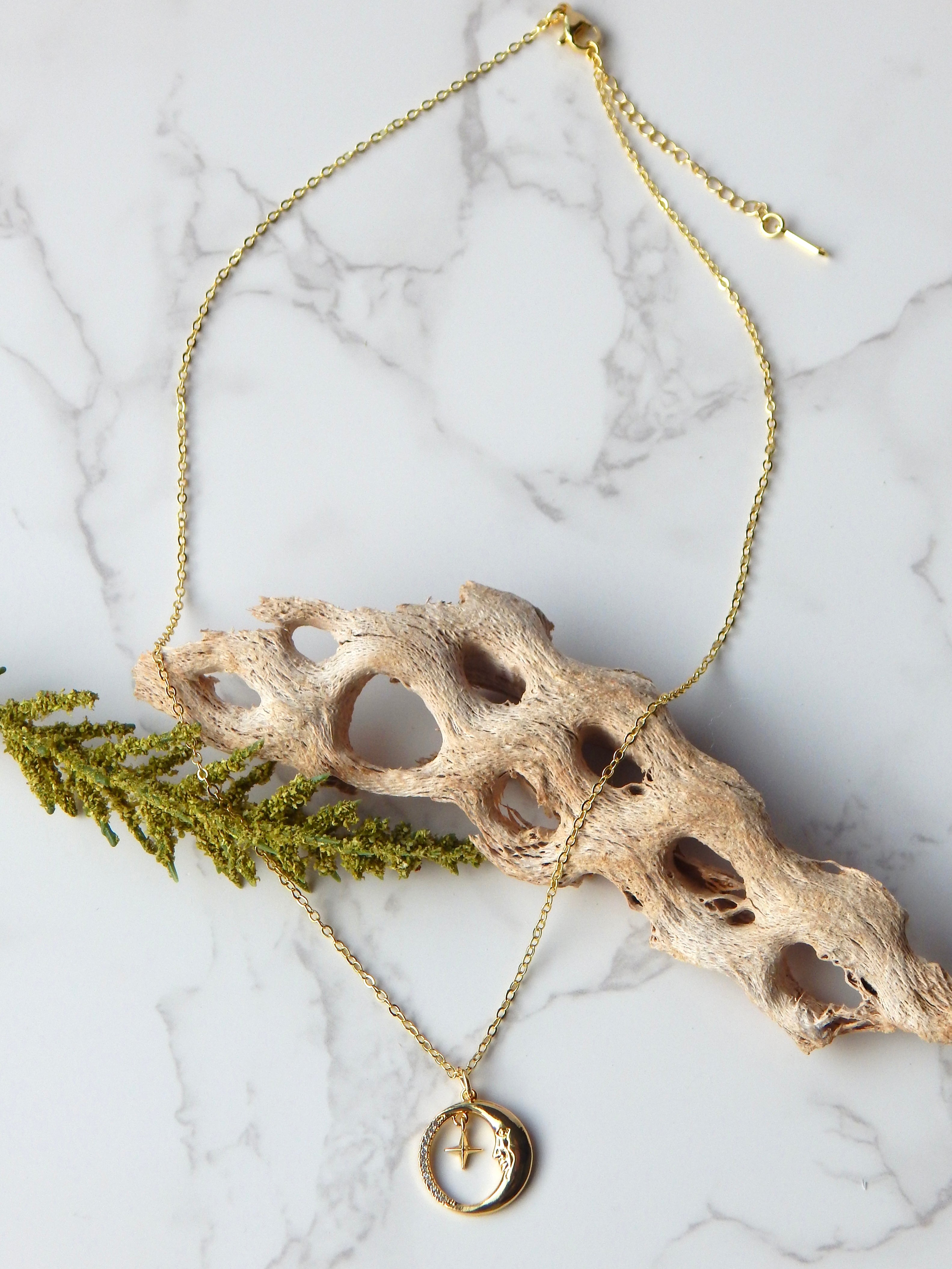 Celestial Moon & Star Necklace – Gold or Silver Lunar Face Pendant