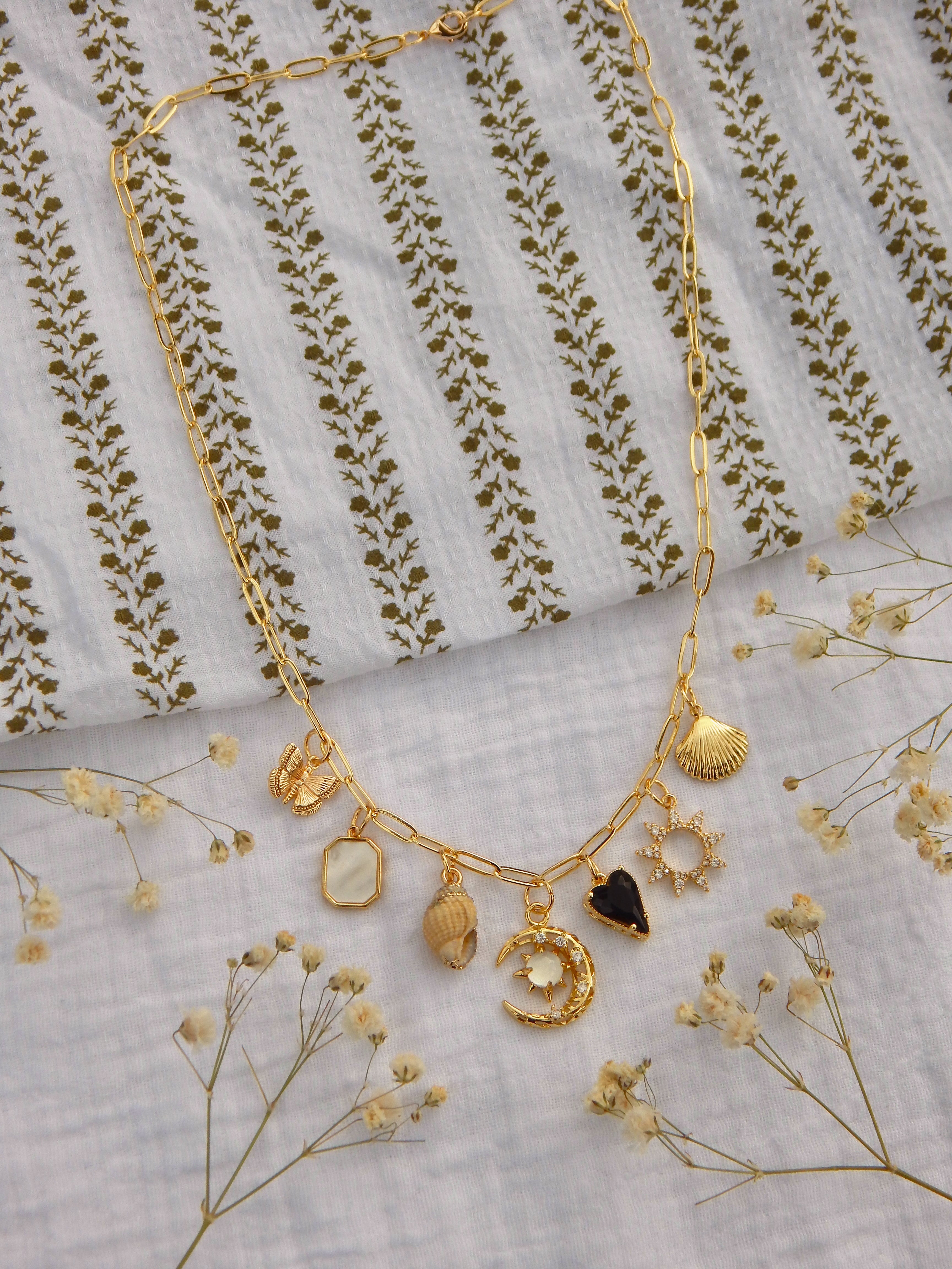 One-of-a-Kind Coastal Celestial Charm Necklace | Moon & Sun Pendant | Black CZ Heart, Natural Seashell & Mother of Pearl | 18” Gold Paperclip Chain