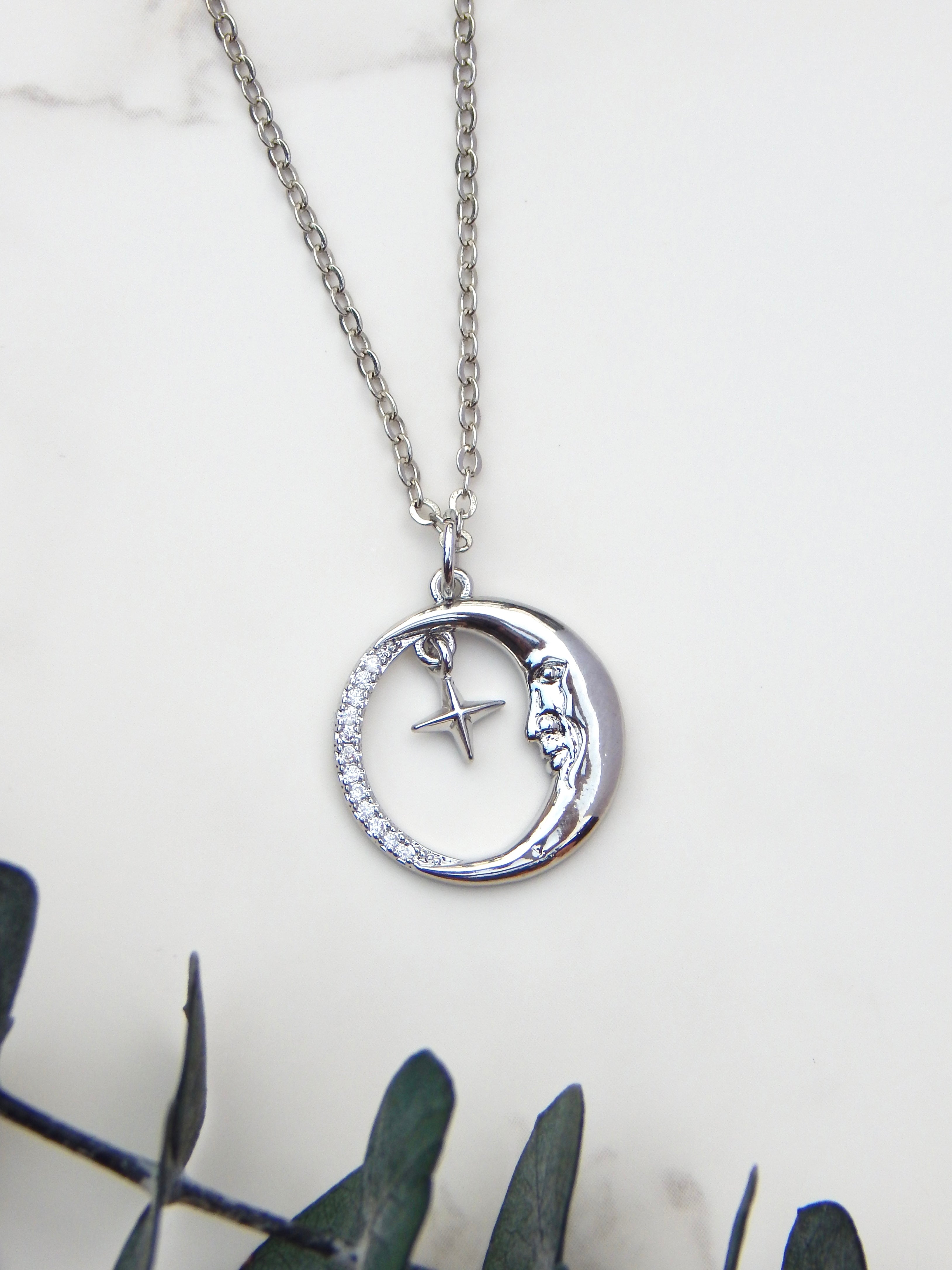 Celestial Moon & Star Necklace – Gold or Silver Lunar Face Pendant