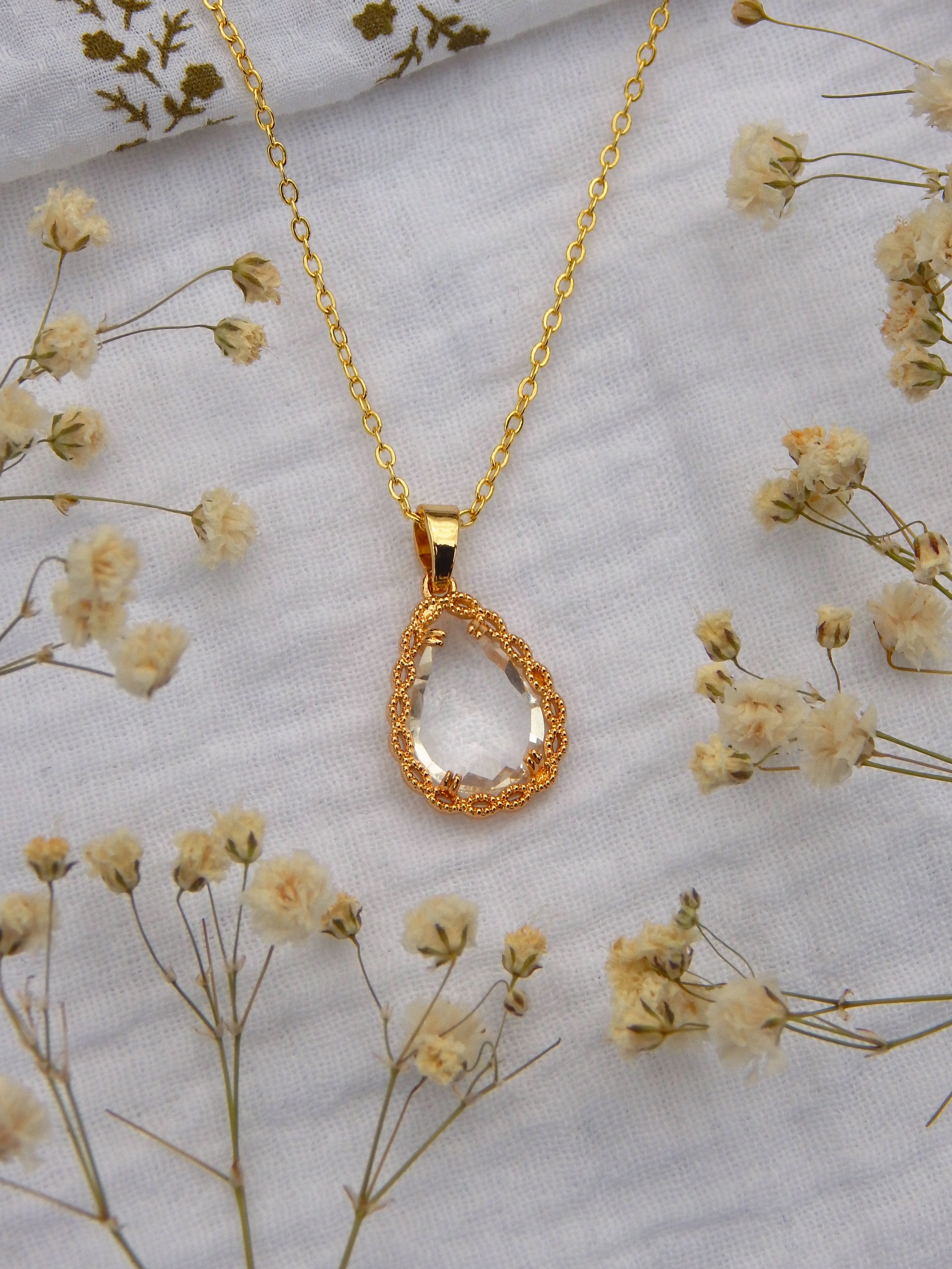Clear Teardrop Crystal Necklace | Gold Dainty Pendant | Hypoallergenic Tarnish Resistant Jewelry