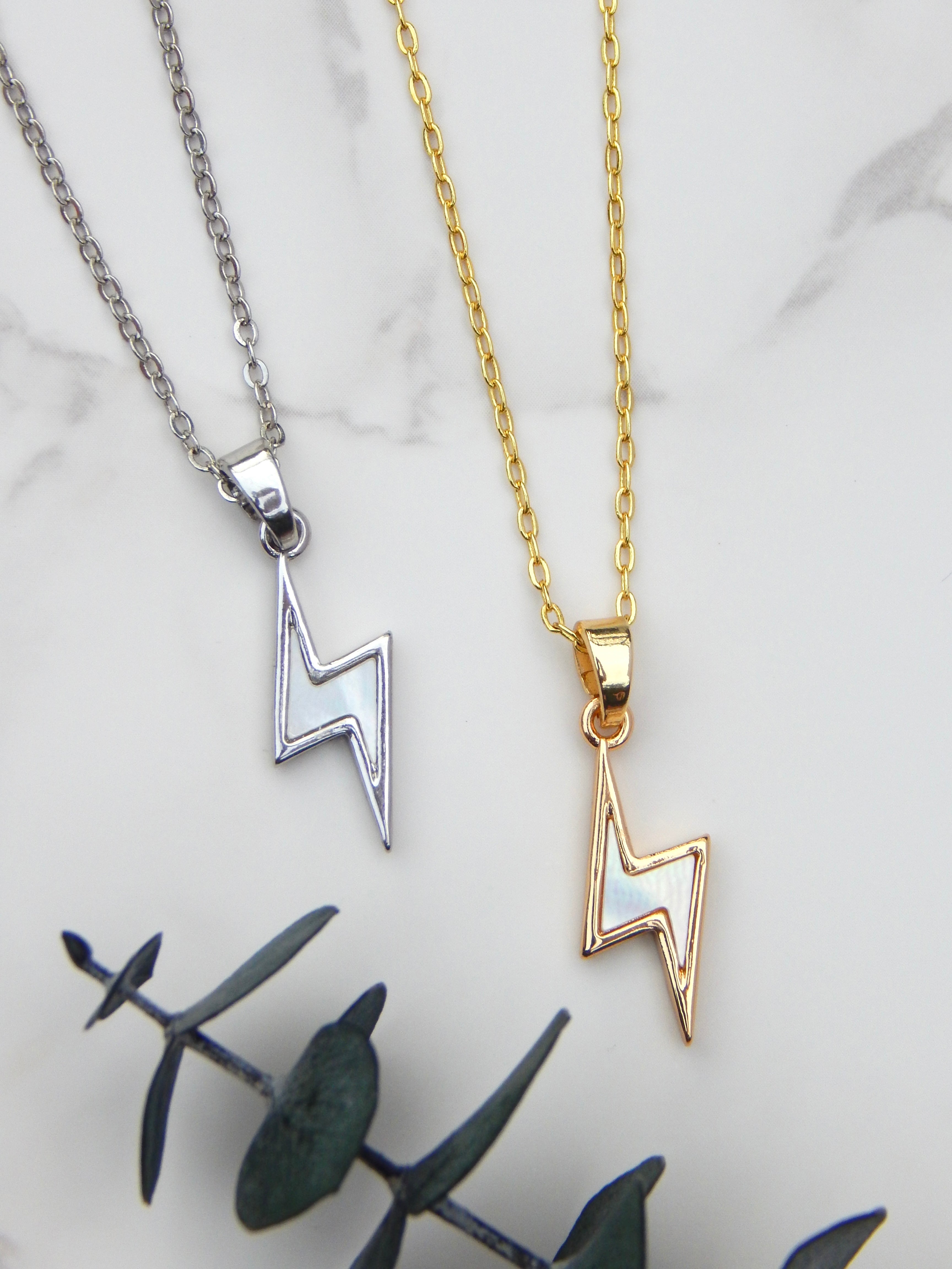 Bolt Necklace – Gold or Silver Lightning Pendant with Mother of Pearl