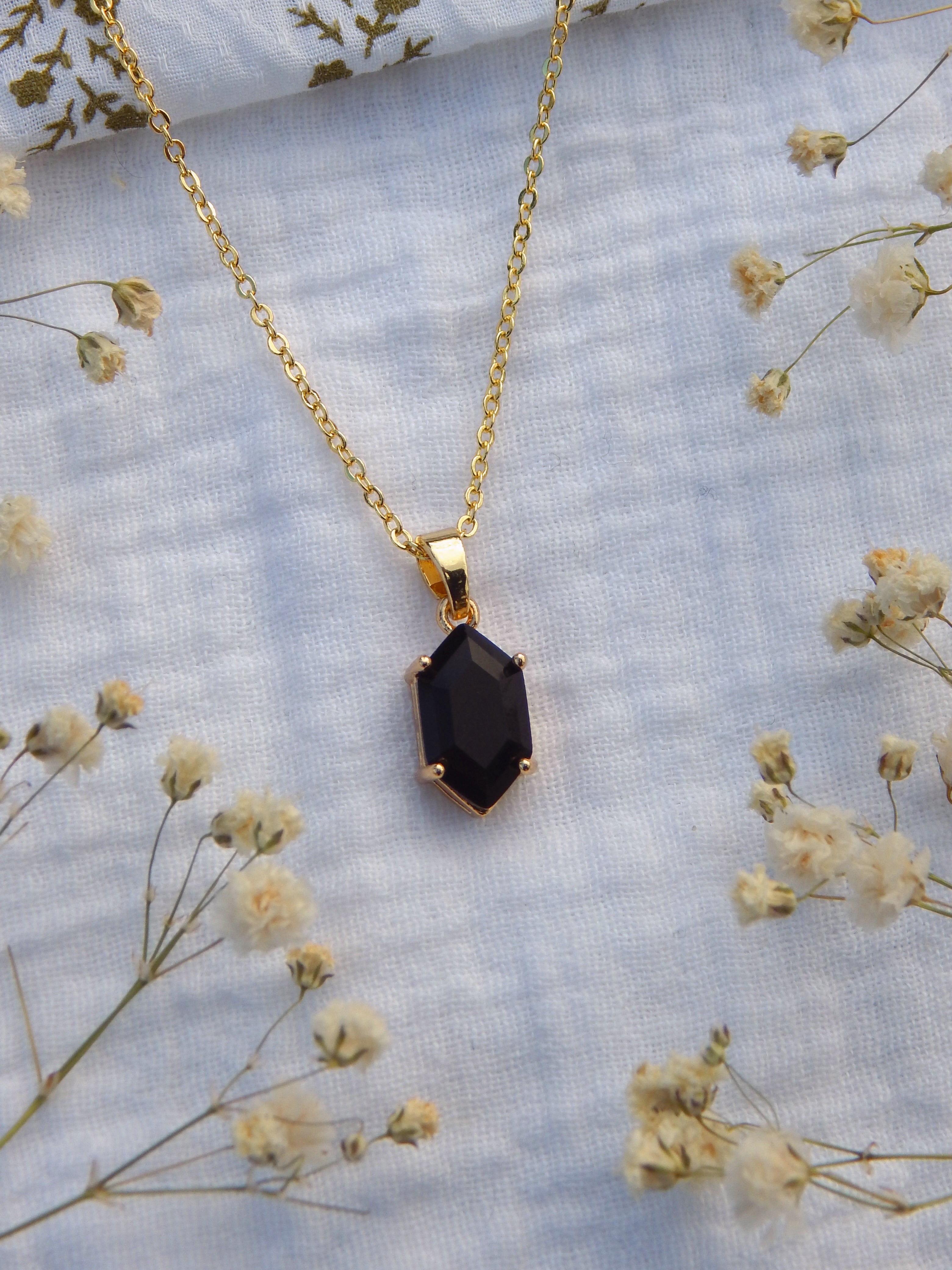Black Hexagon Necklace | Hardened Glass Pendant | Dainty Hypoallergenic Jewelry