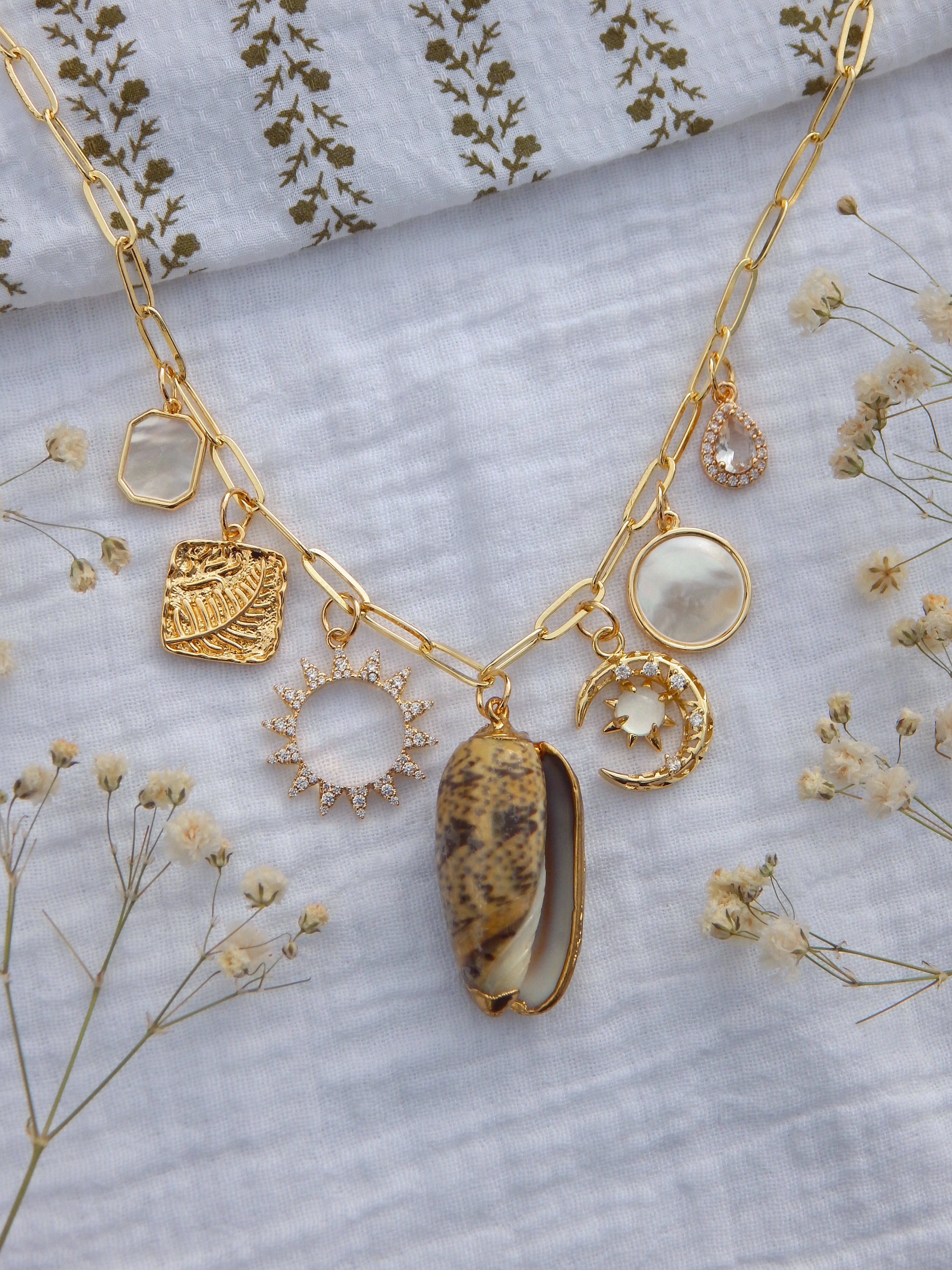One-of-a-Kind Coastal Sun & Moon Charm Necklace | Natural Seashell Pendant | CZ Sunburst & Teardrop | Mother of Pearl Charms | 18” Gold Paperclip Chain