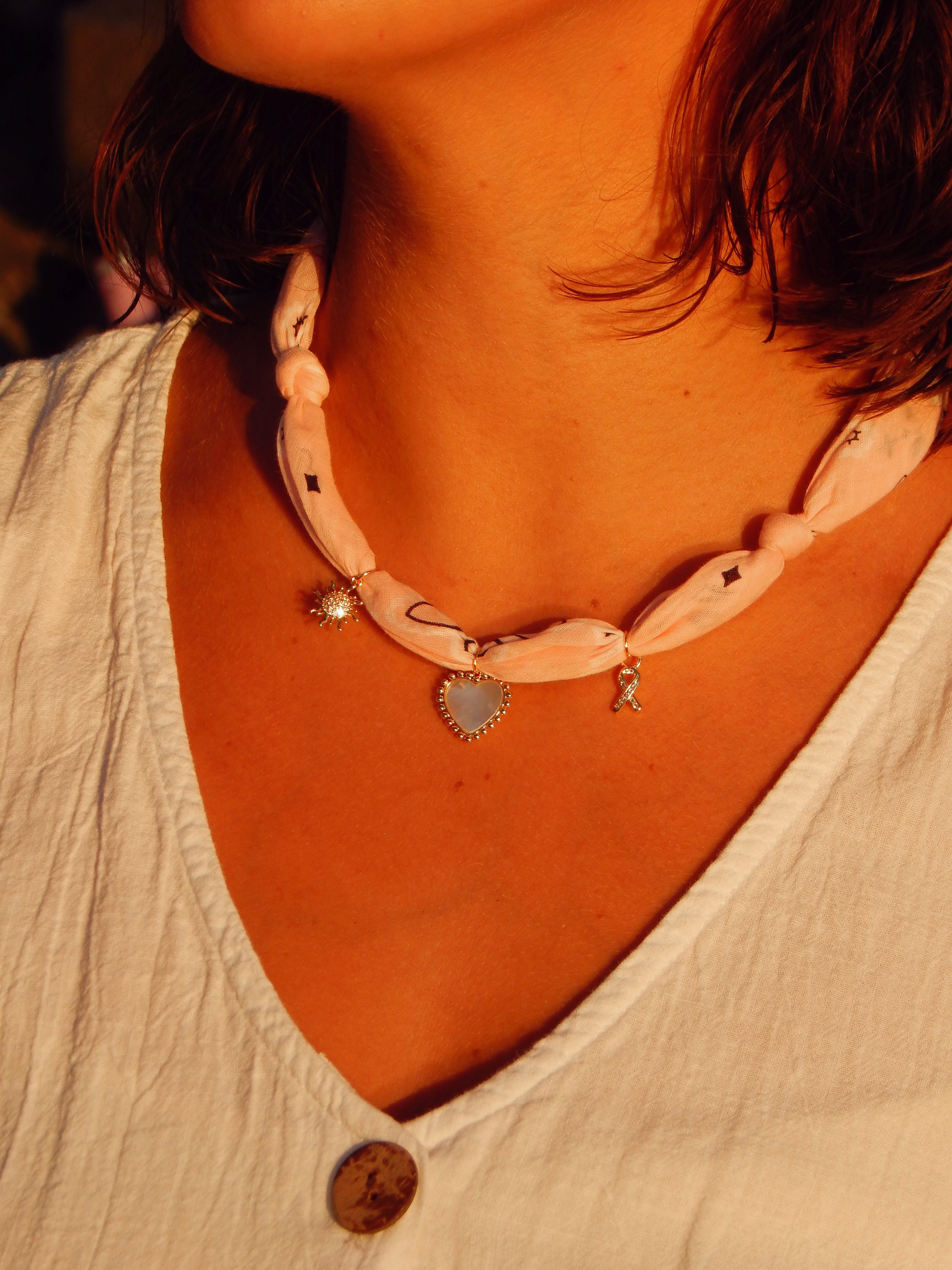 Pink Sunrise Bandana Charm Necklace – Adjustable 20” Max | Mother of Pearl Heart & 18k Gold Accents