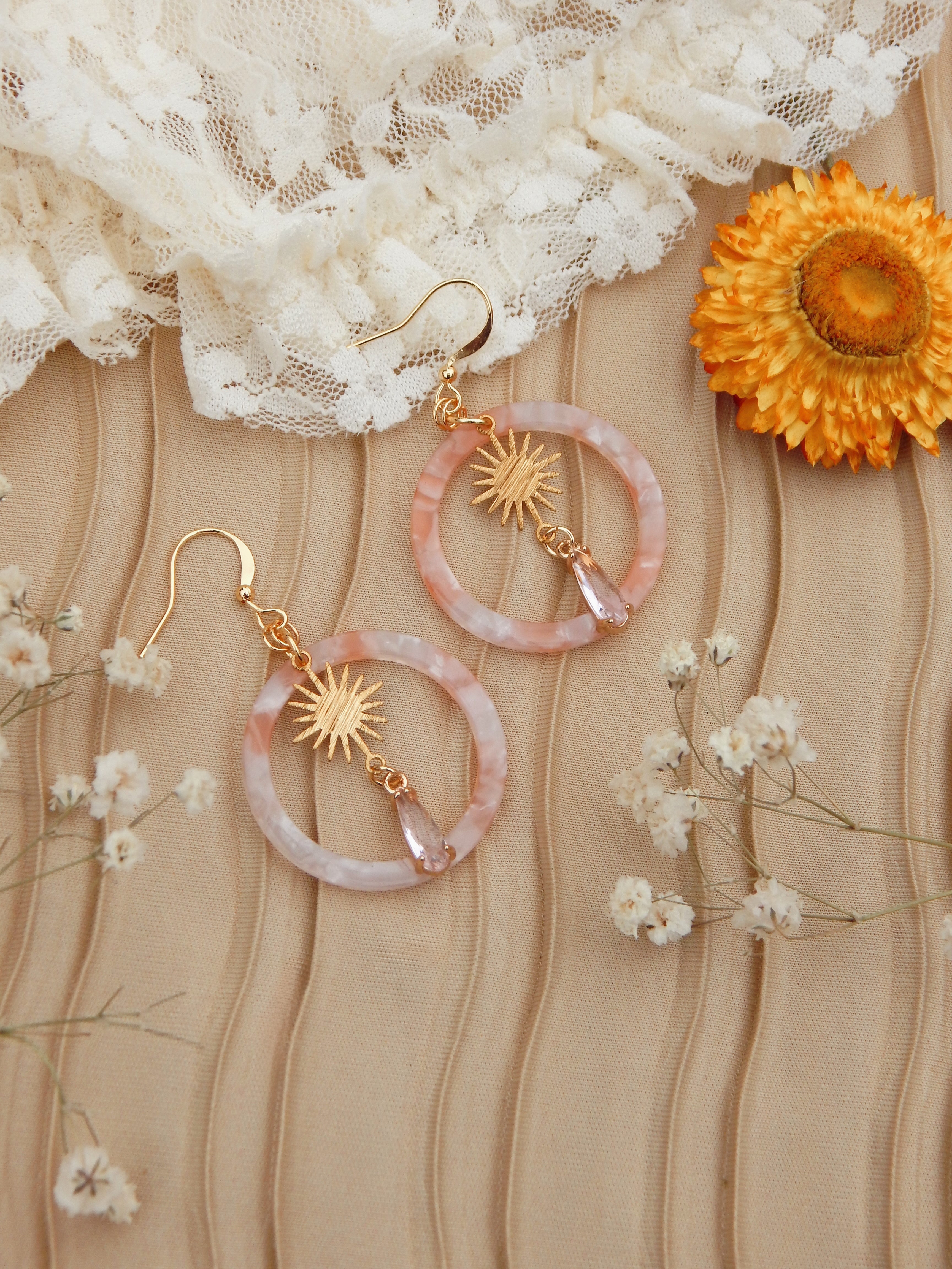 Sunlit Glow Hoop Earrings – Pink Marble Resin with Brass Sunburst & Blush Lucite Drop