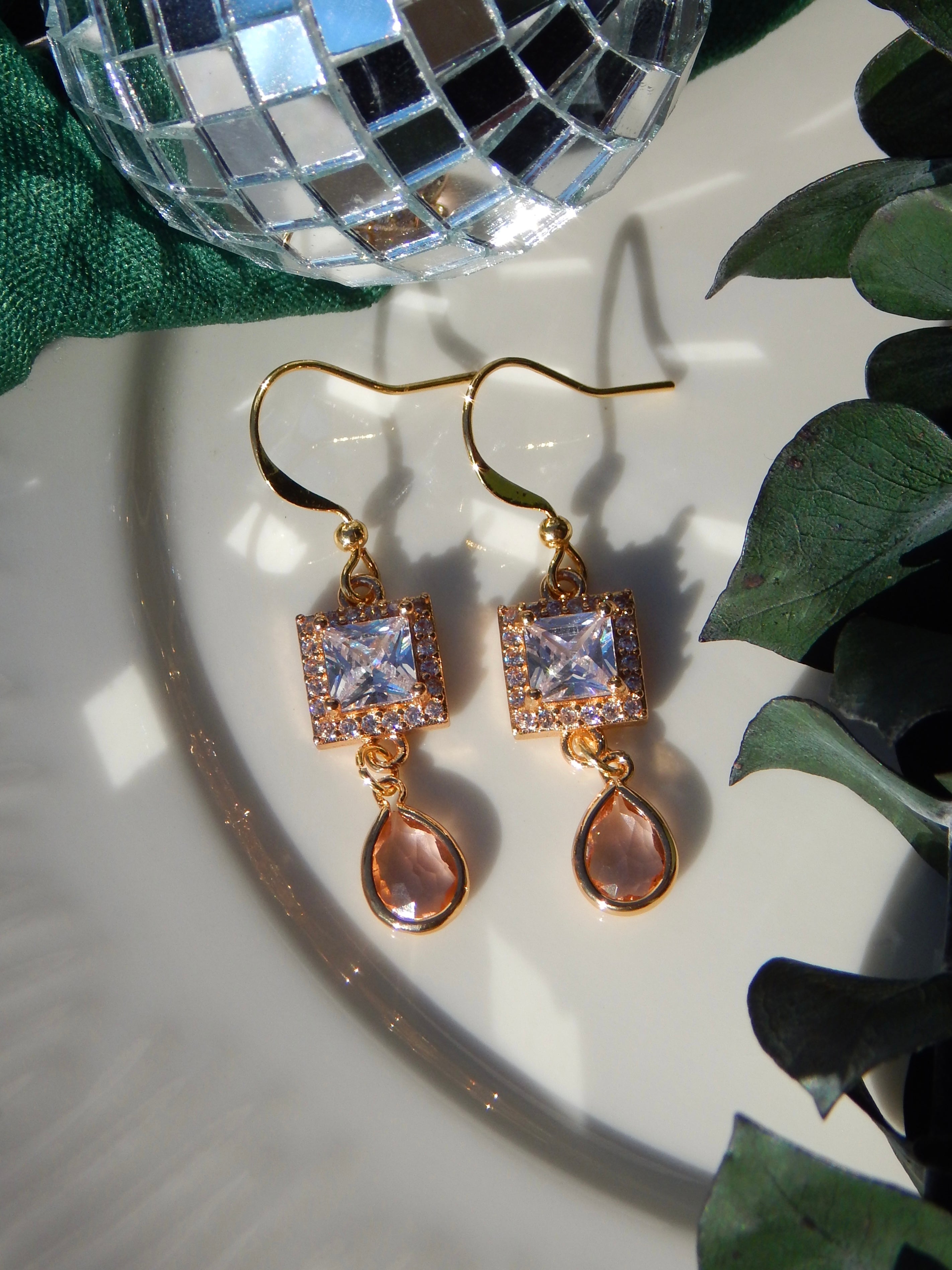 Sparkly Square Pink Drop Earrings