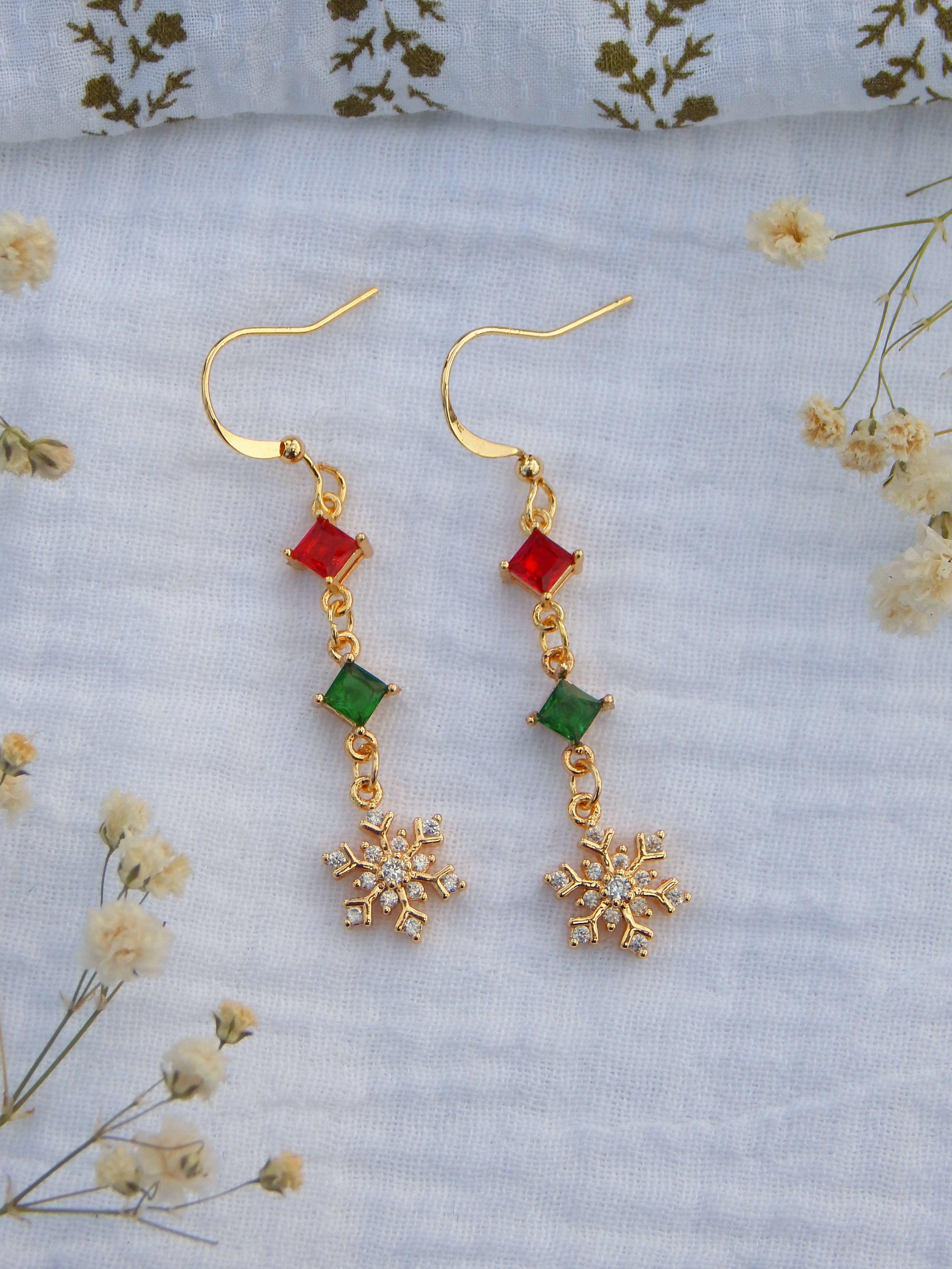 Christmas CZ Snowflake Earrings – Red & Green CZ Dangle Drops | Holiday Hypoallergenic Jewelry