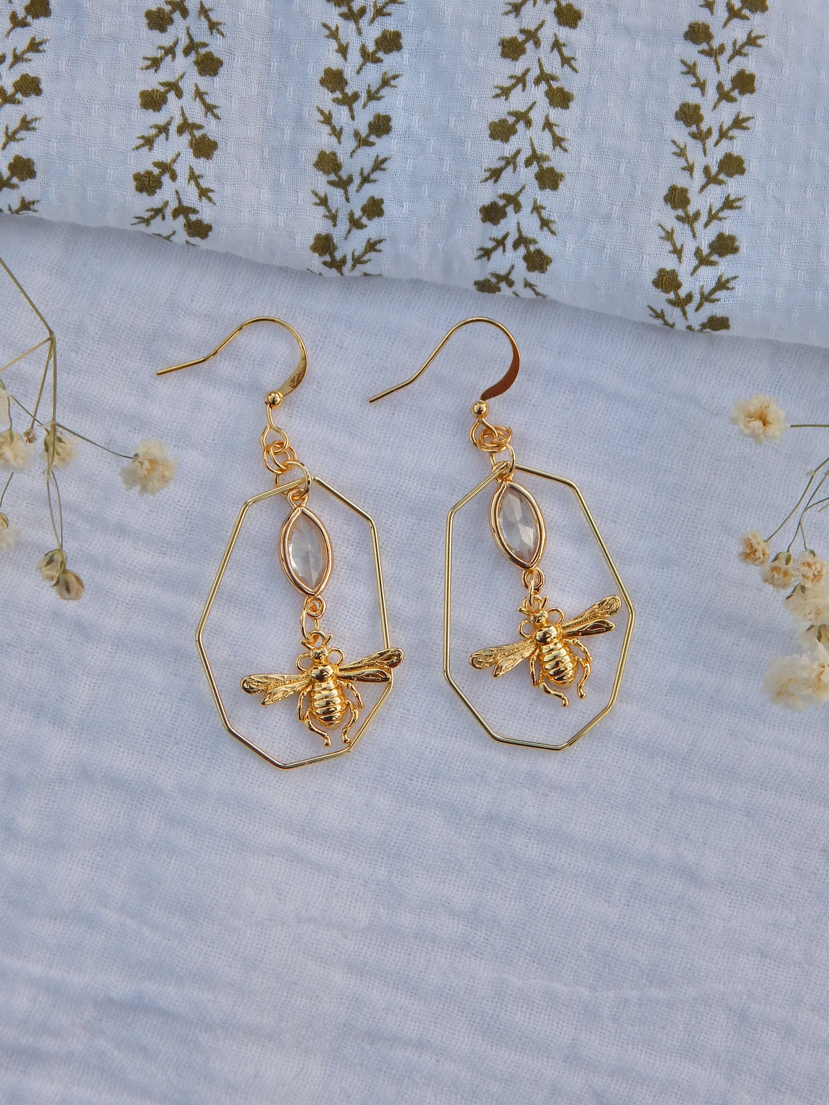 Bee Drop Earrings – Gold Geometric Hoops with Clear Hardened Glass Gem | Lightweight Hypoallergenic Jewelry