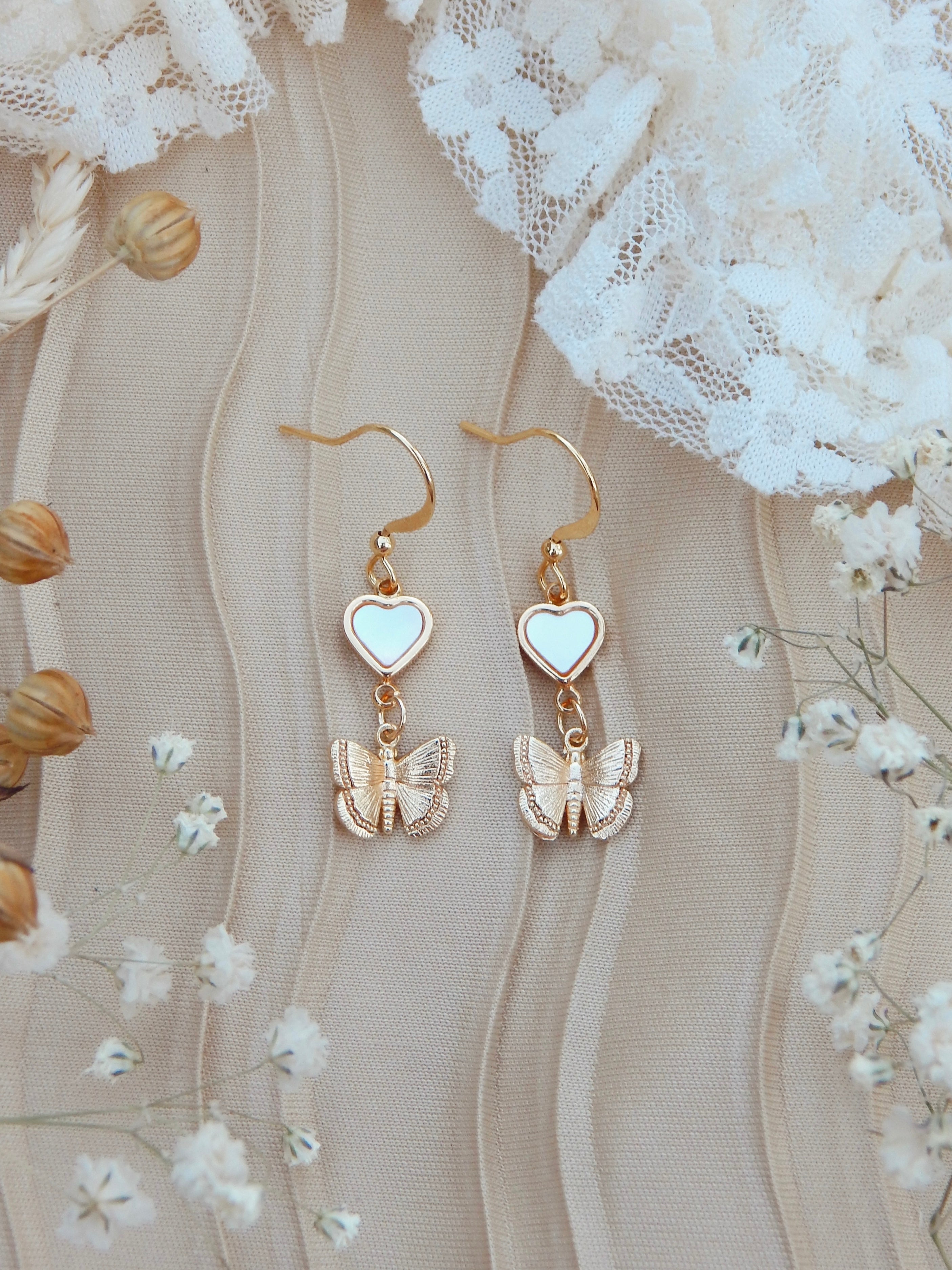 Butterfly Heart Earrings – 18k Gold Plated Dangles with Mother of Pearl