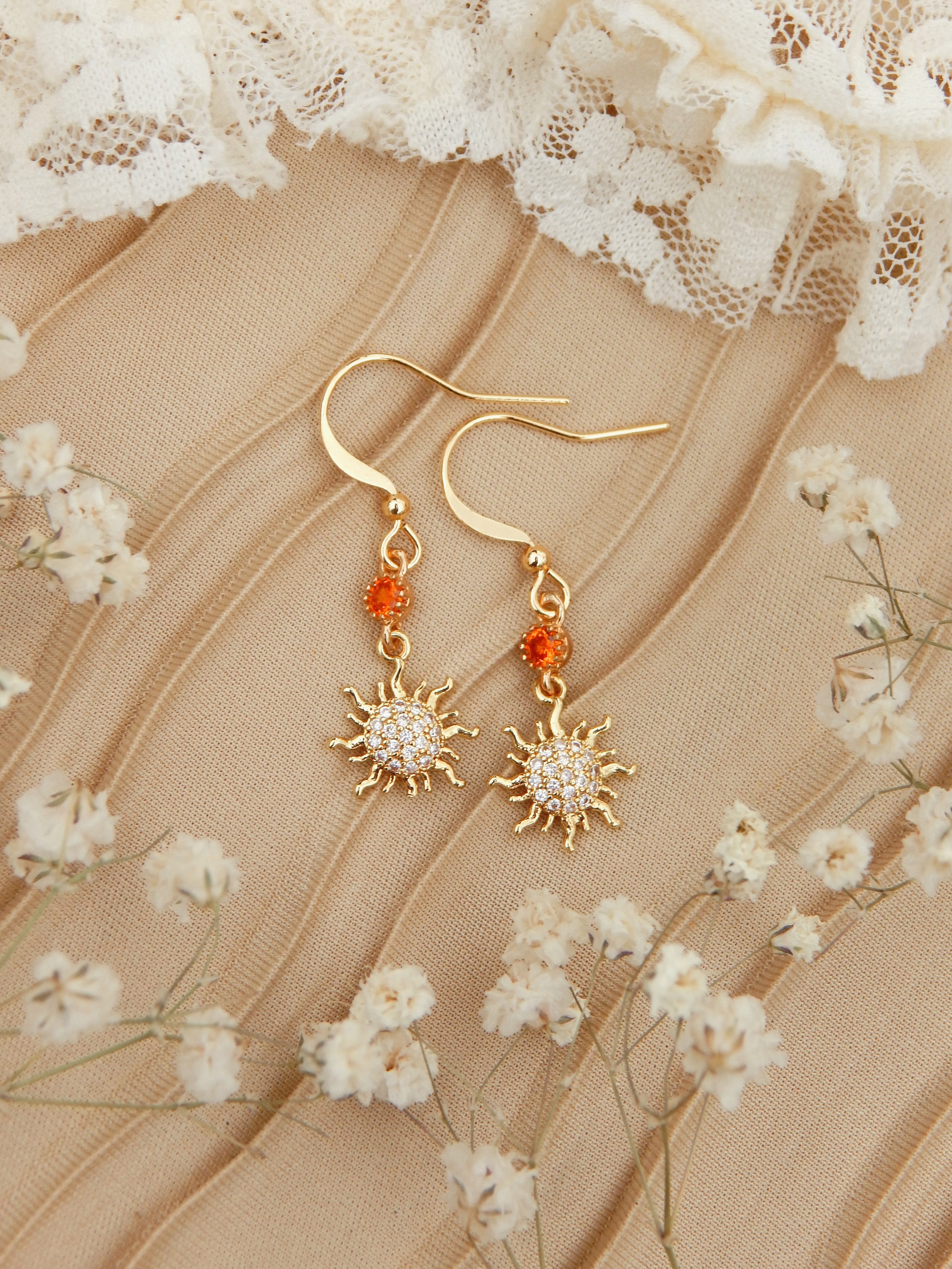 Golden Sunshine Dangle Earrings – 18k Gold Plated Sun Charms with Orange Cubic Zirconia Glow