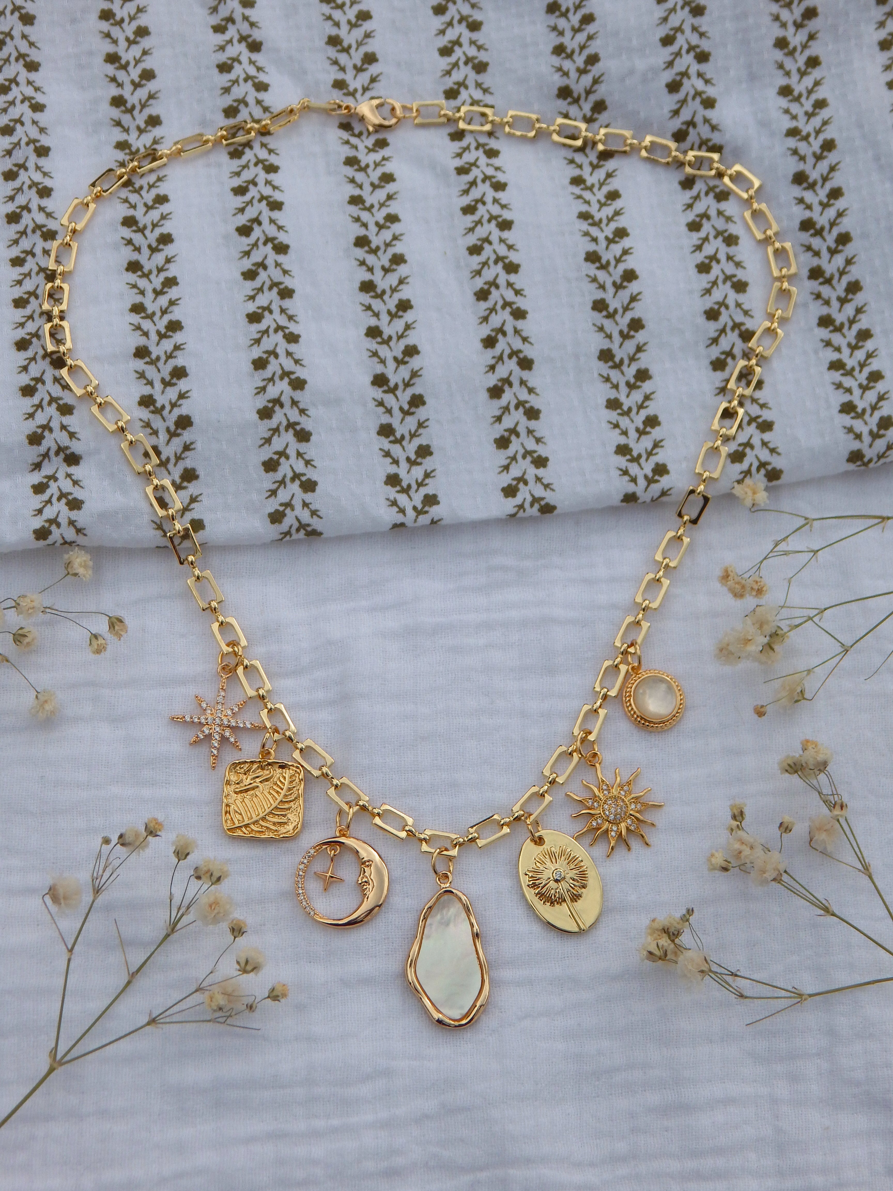 One-of-a-Kind Celestial Charm Necklace | Statement Mother of Pearl Pendant | Sun, Moon & Star Charms | Bold Rectangle Chain | Gold Hypoallergenic Jewelry