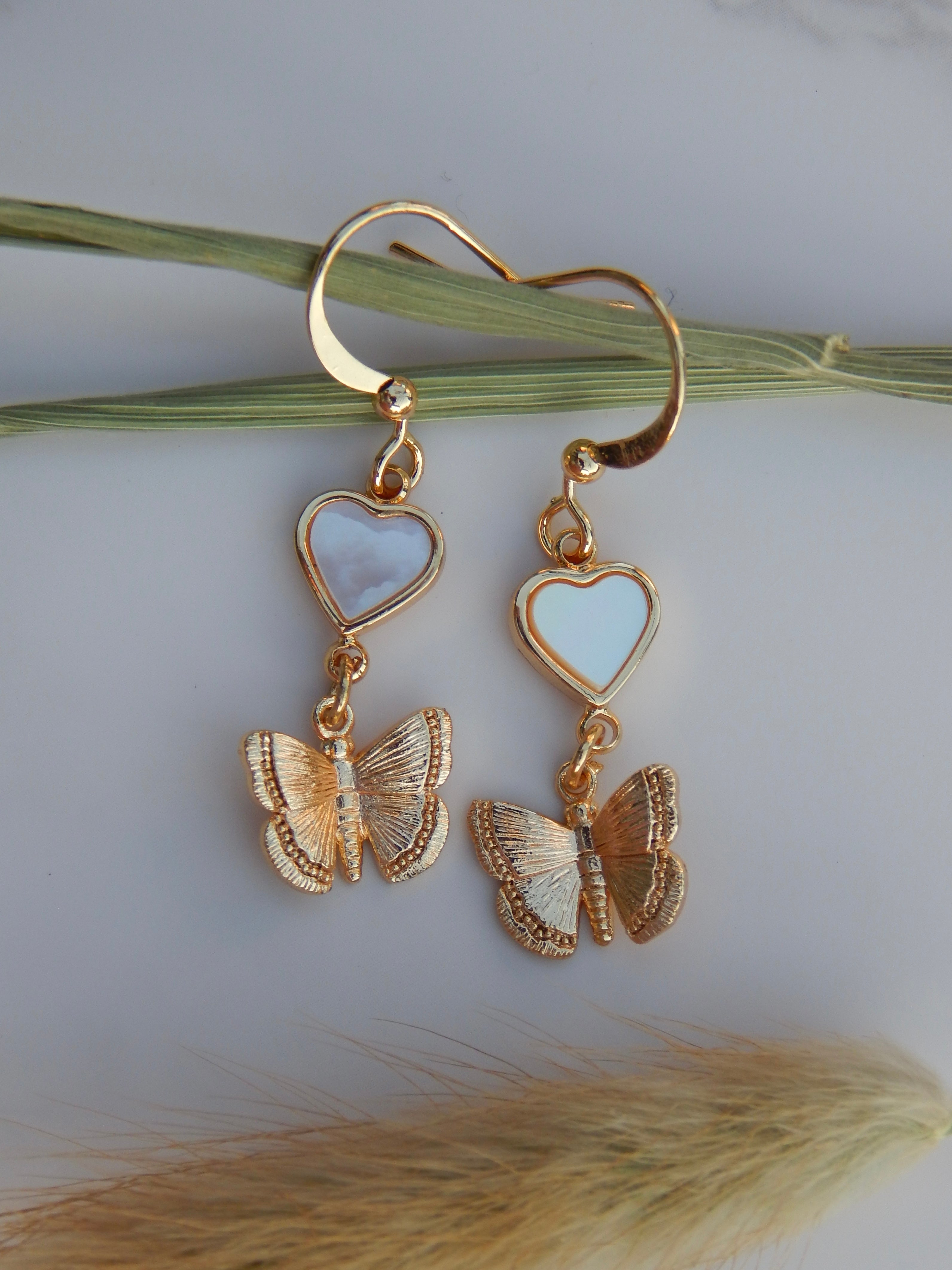 Dainty Gold Butterfly Shell Heart Dangles