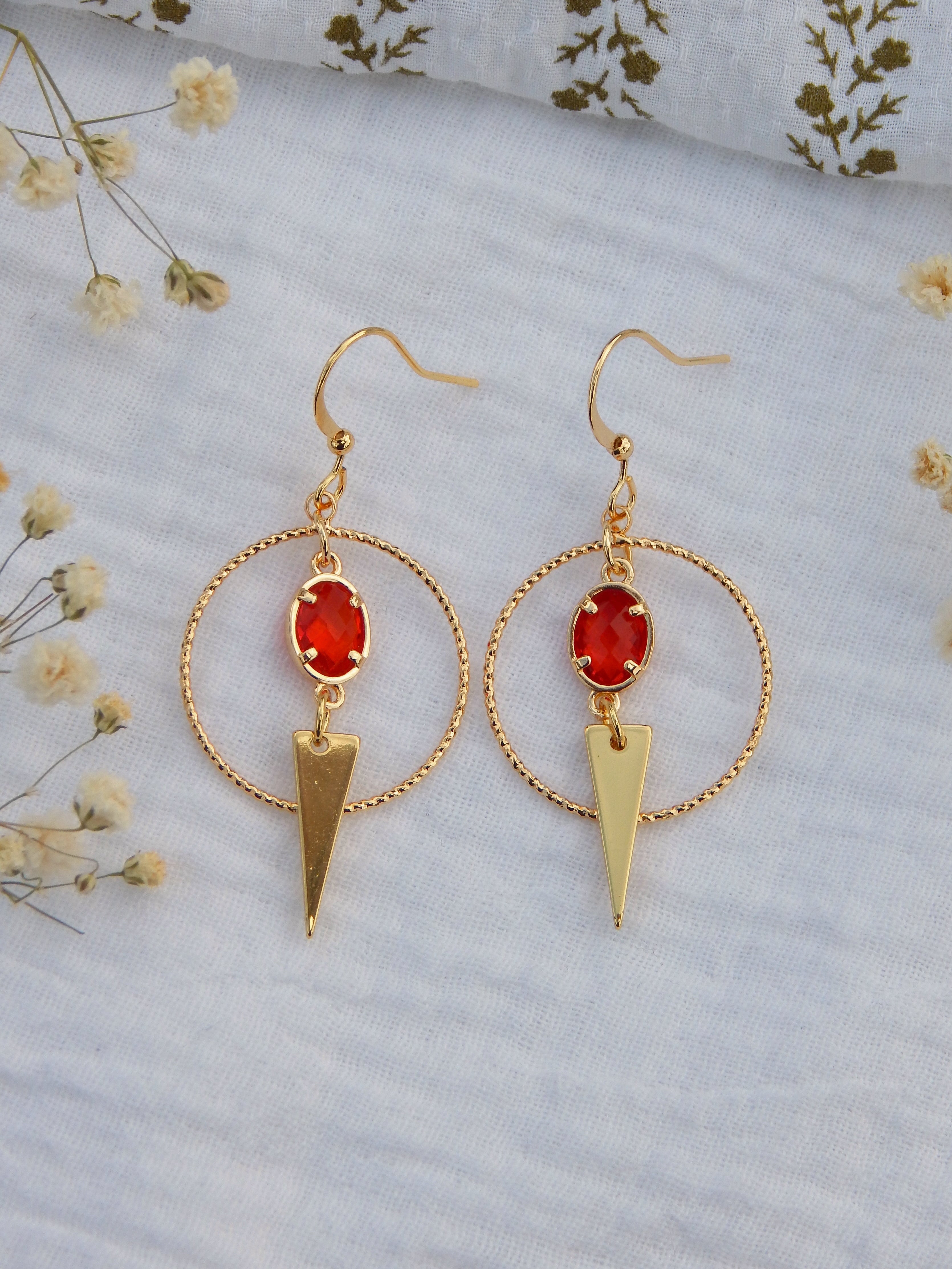 Crimson Spark Earrings – Cubic Zirconia Red Gem & Gold Hoop Drops