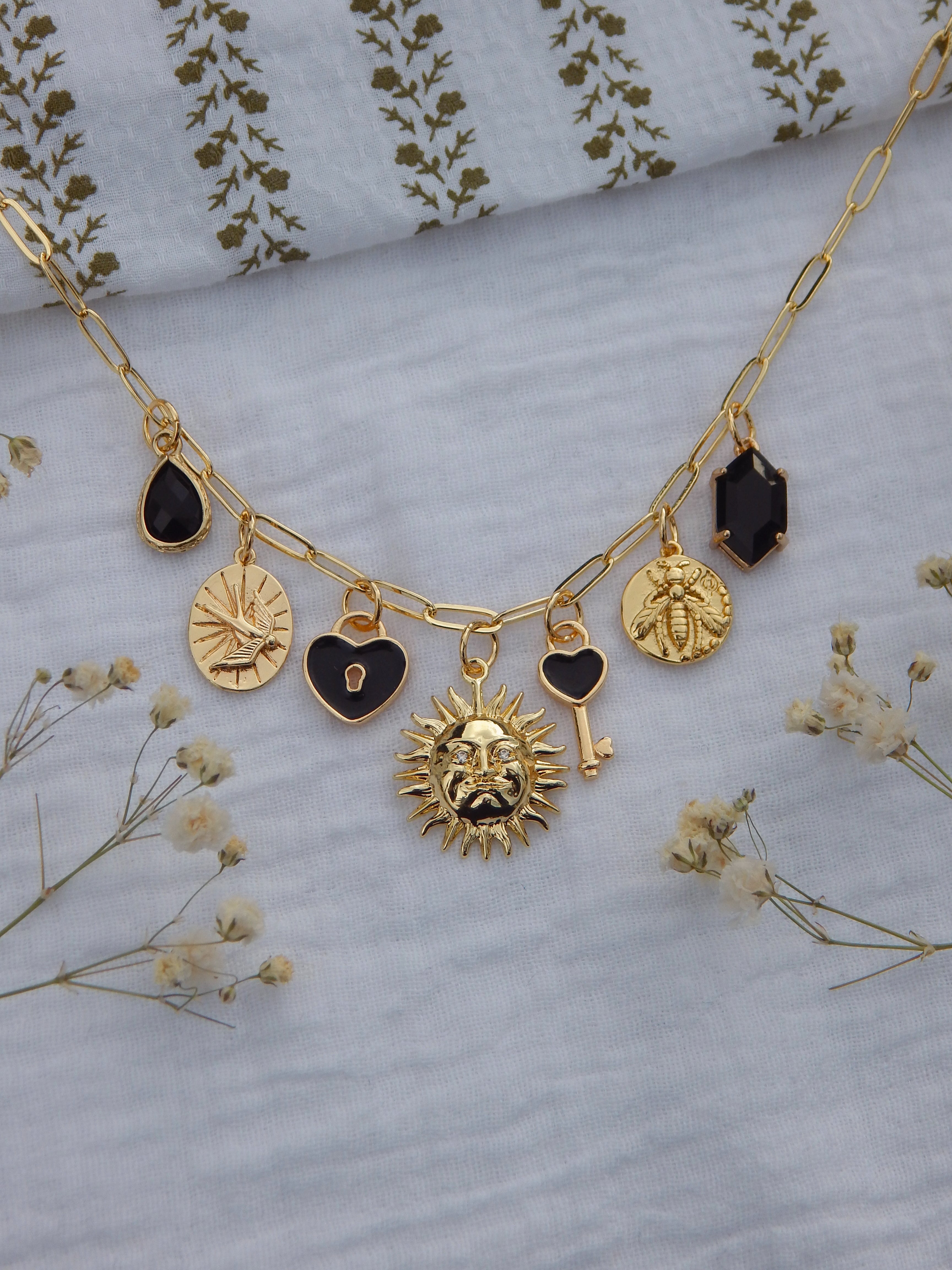 One-of-a-Kind Black Enamel Charm Necklace | Sun & Moonlock Necklace | Bee & Bird Charms | Hardened Glass Black Gemstone | 18” Gold Paperclip Chain