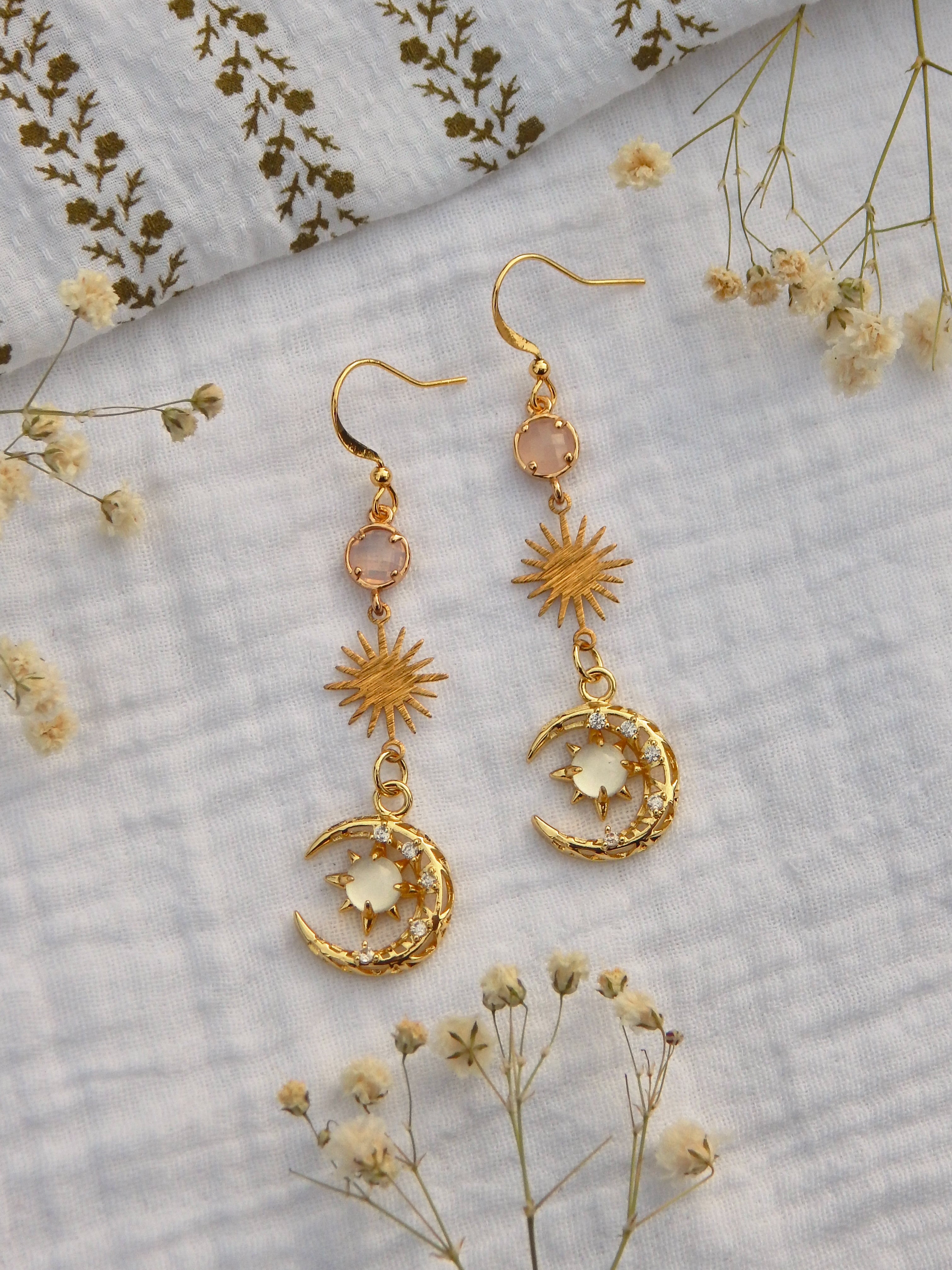 Dreamy Cosmos Dangle Earrings | Pink Opal or Deep Pink | Celestial Sun & Moon Earrings | CZ Sparkle | Hypoallergenic Jewelry
