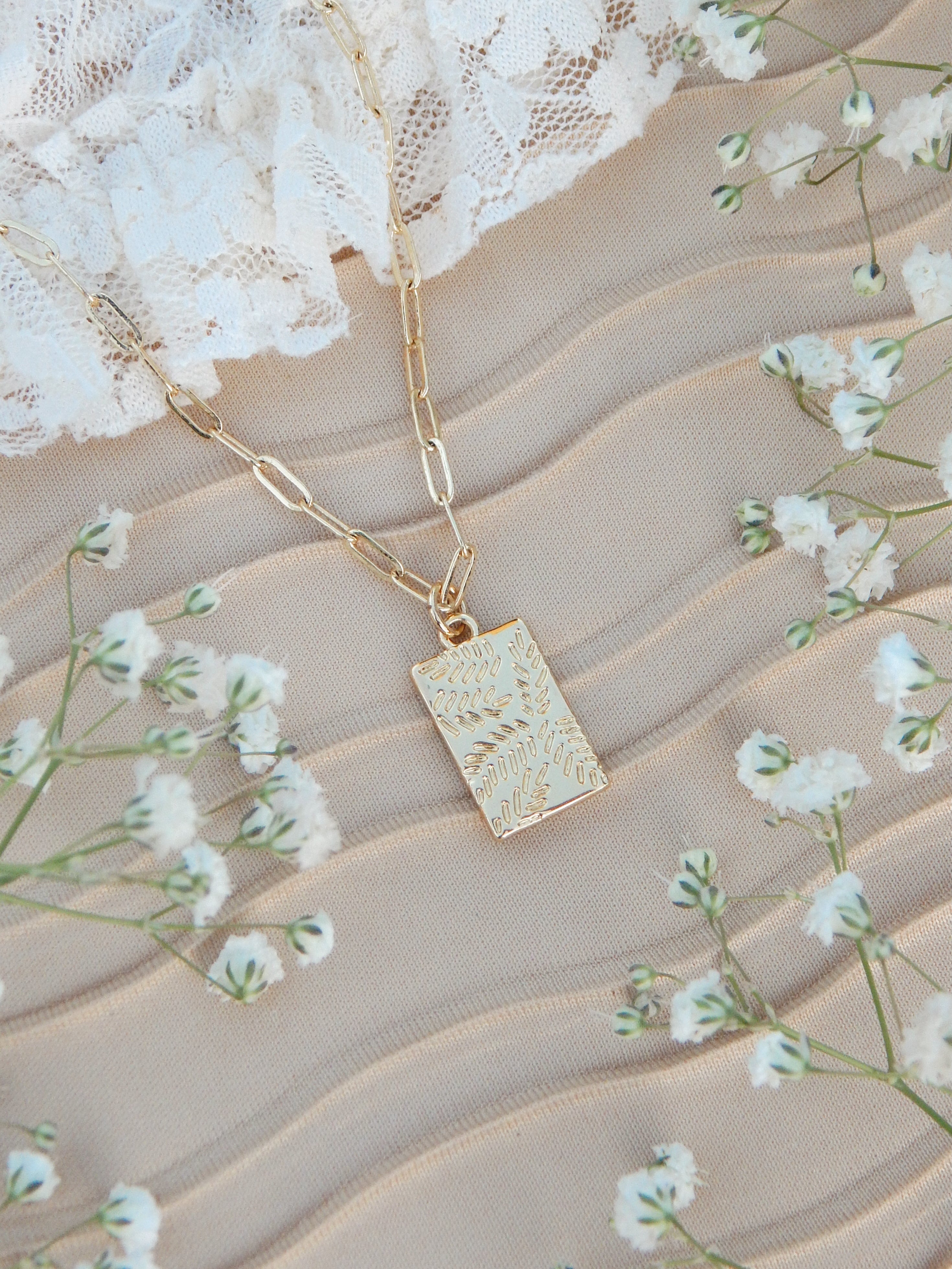 Imprint Leaf Necklace – Gold Rectangle Pendant on 18” Paperclip Chain