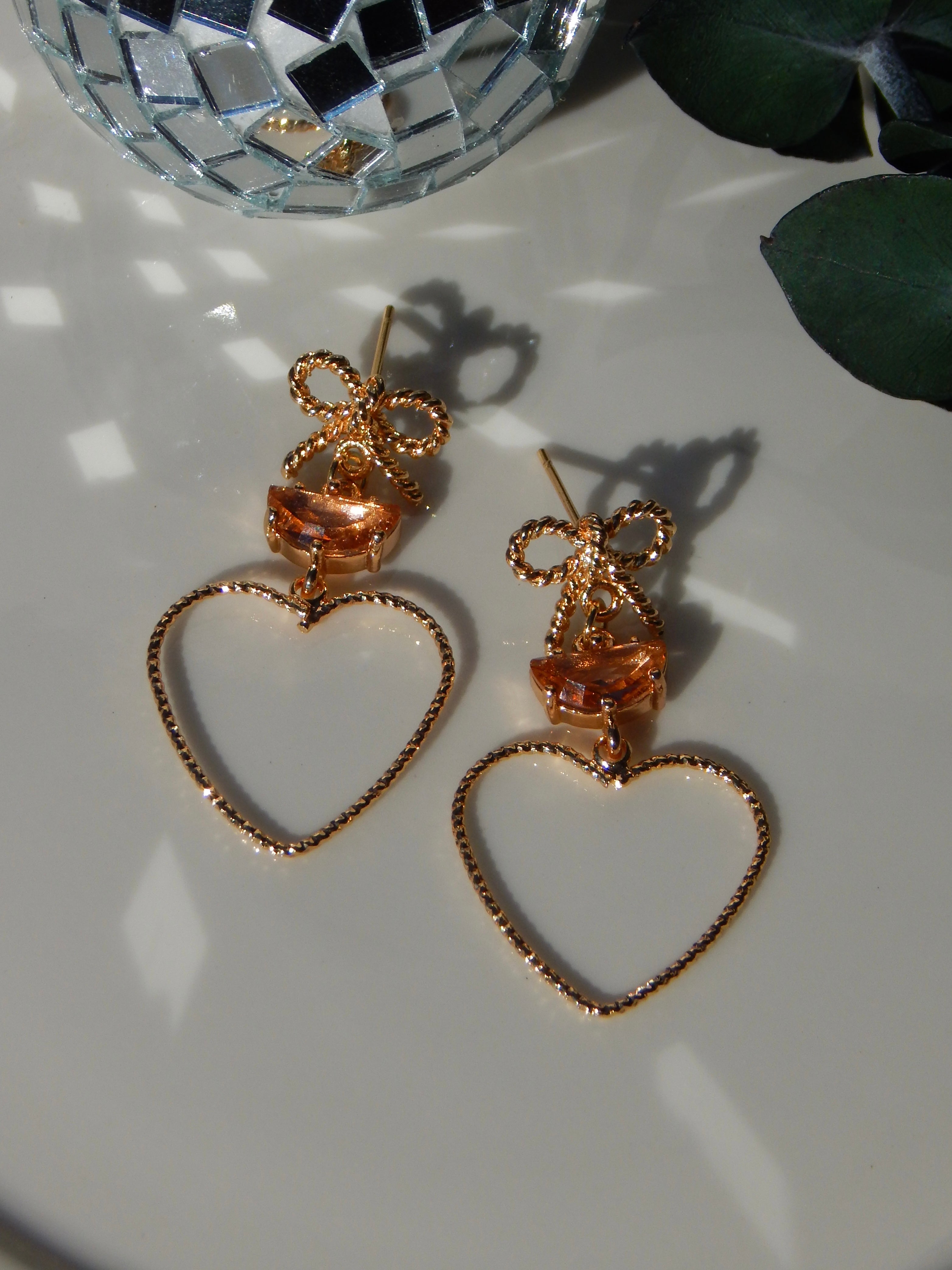 Girly Heart and Bow Pink Dangle Earrings