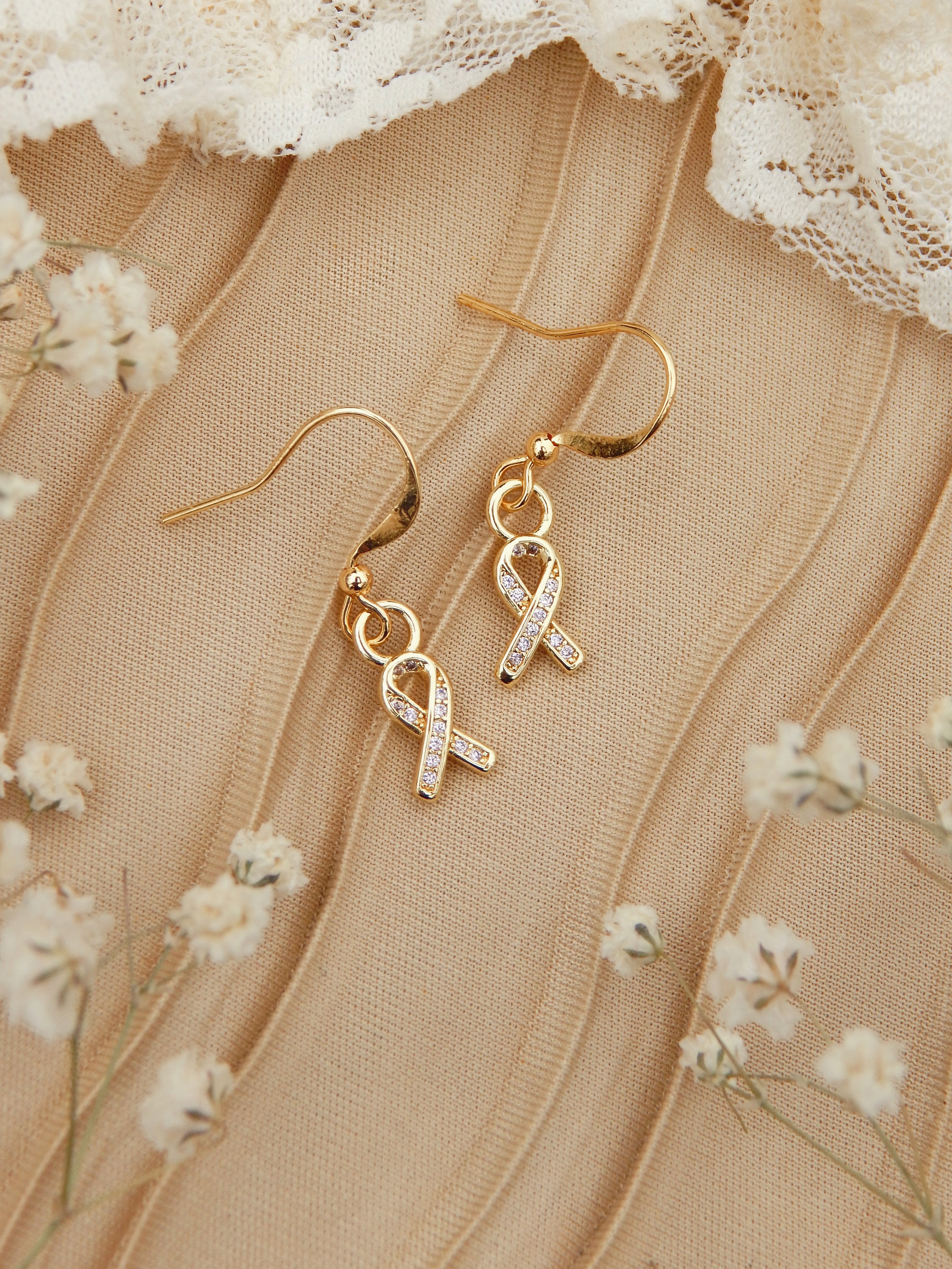 Golden Awareness Ribbon Earrings – 18k Gold Plated with Pave Cubic Zirconia