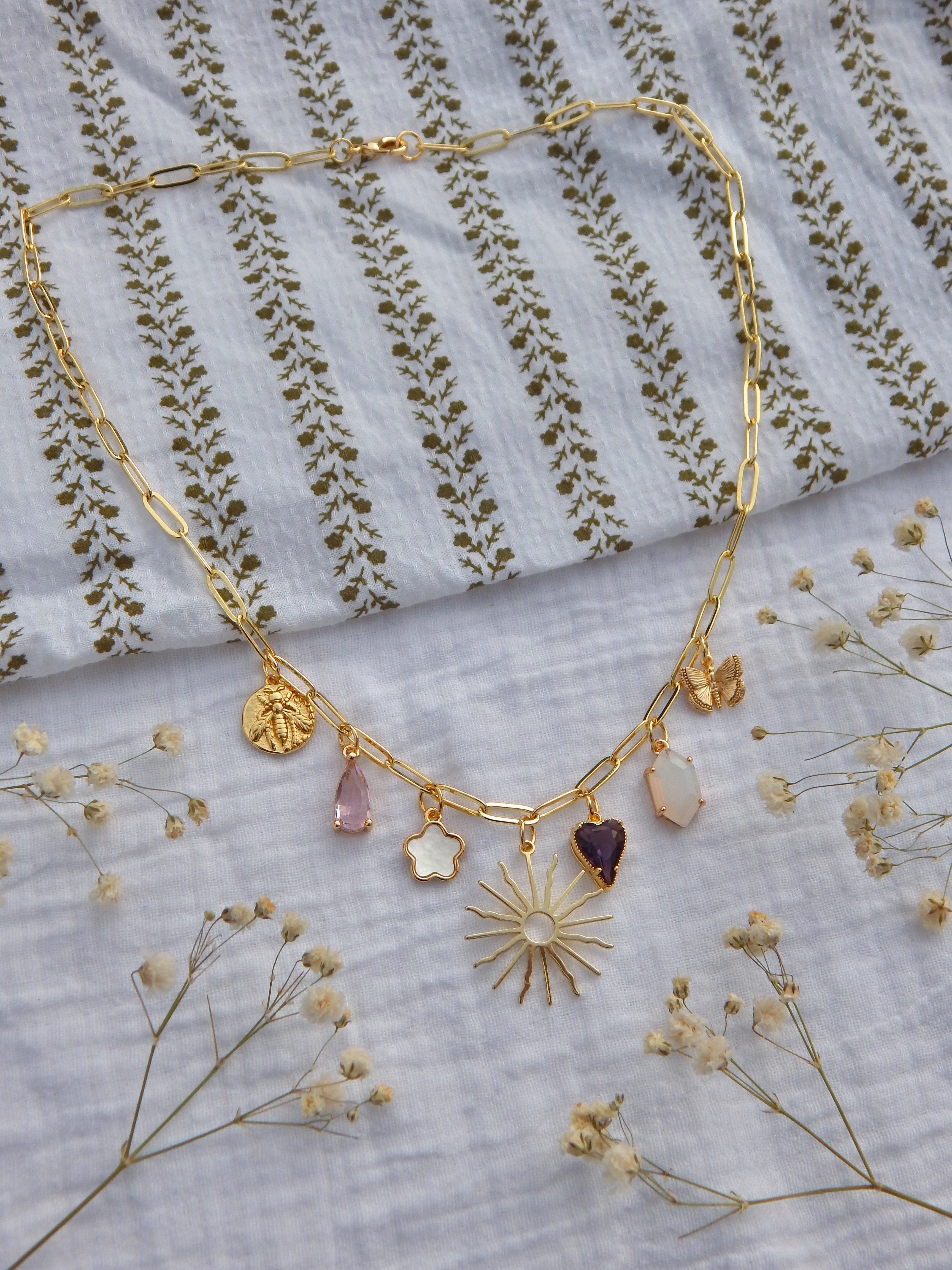 One-of-a-Kind Pink & Gold Charm Necklace | Sunburst Pendant | CZ Purple Heart | Mother of Pearl Flower | Butterfly & Bee Charms | 18” Paperclip Chain