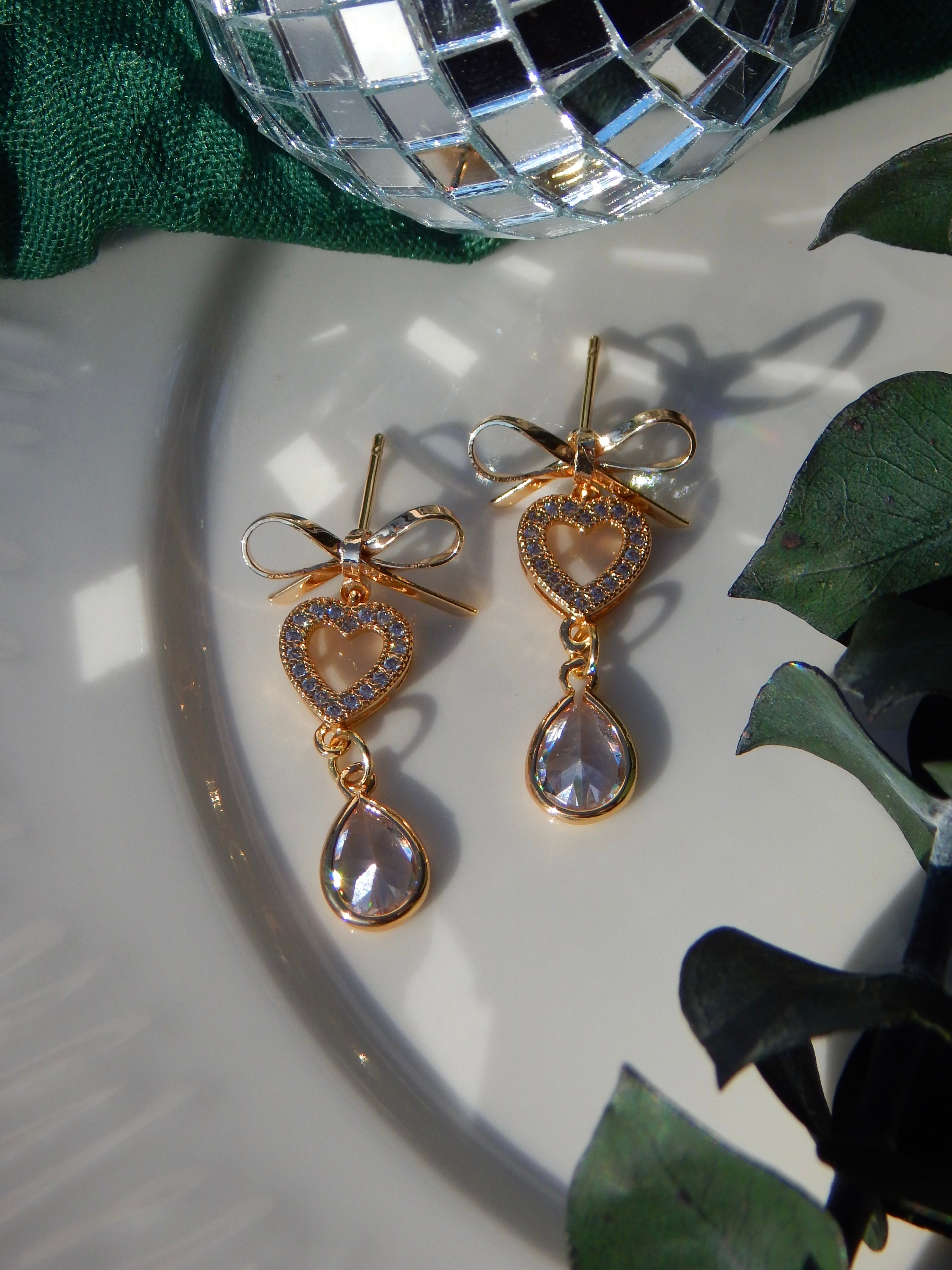 Gold Bow Heart Drop Earrings