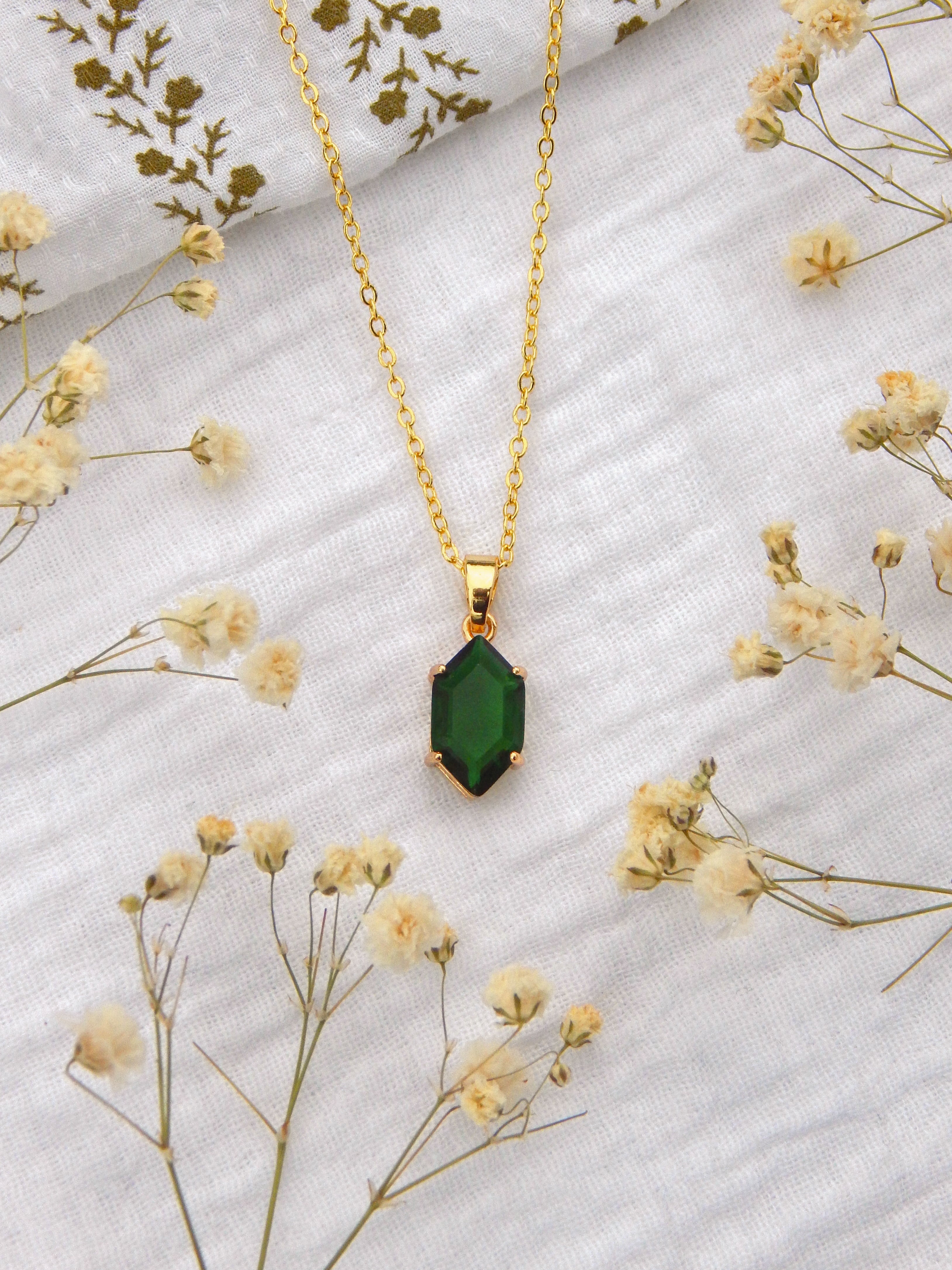 Emerald Green Hardened Glass Pendant Necklace – Gold Dainty 18k Plated, Hypoallergenic, Adjustable 18–20”