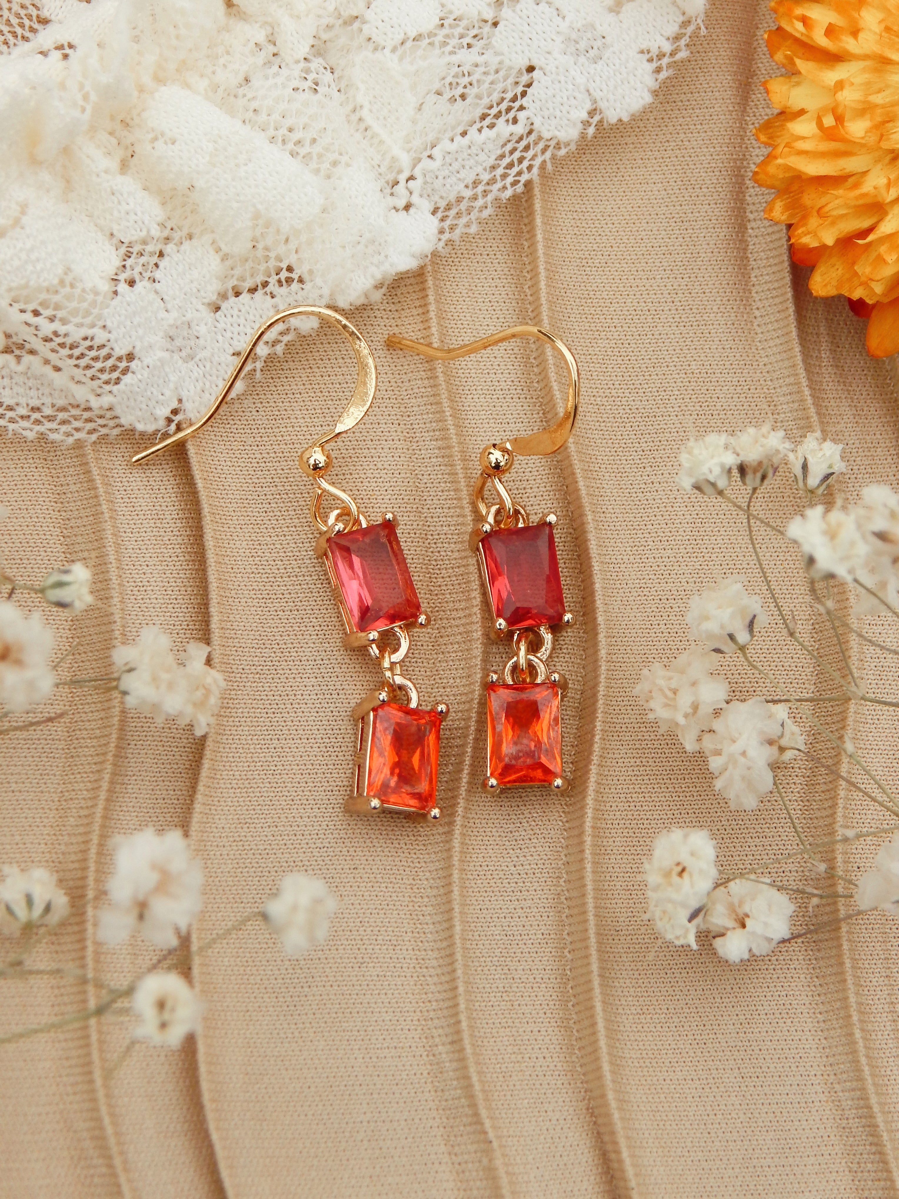Sunset Radiance Drop Earrings – 18k Gold Plated with Pink & Orange Cubic Zirconia