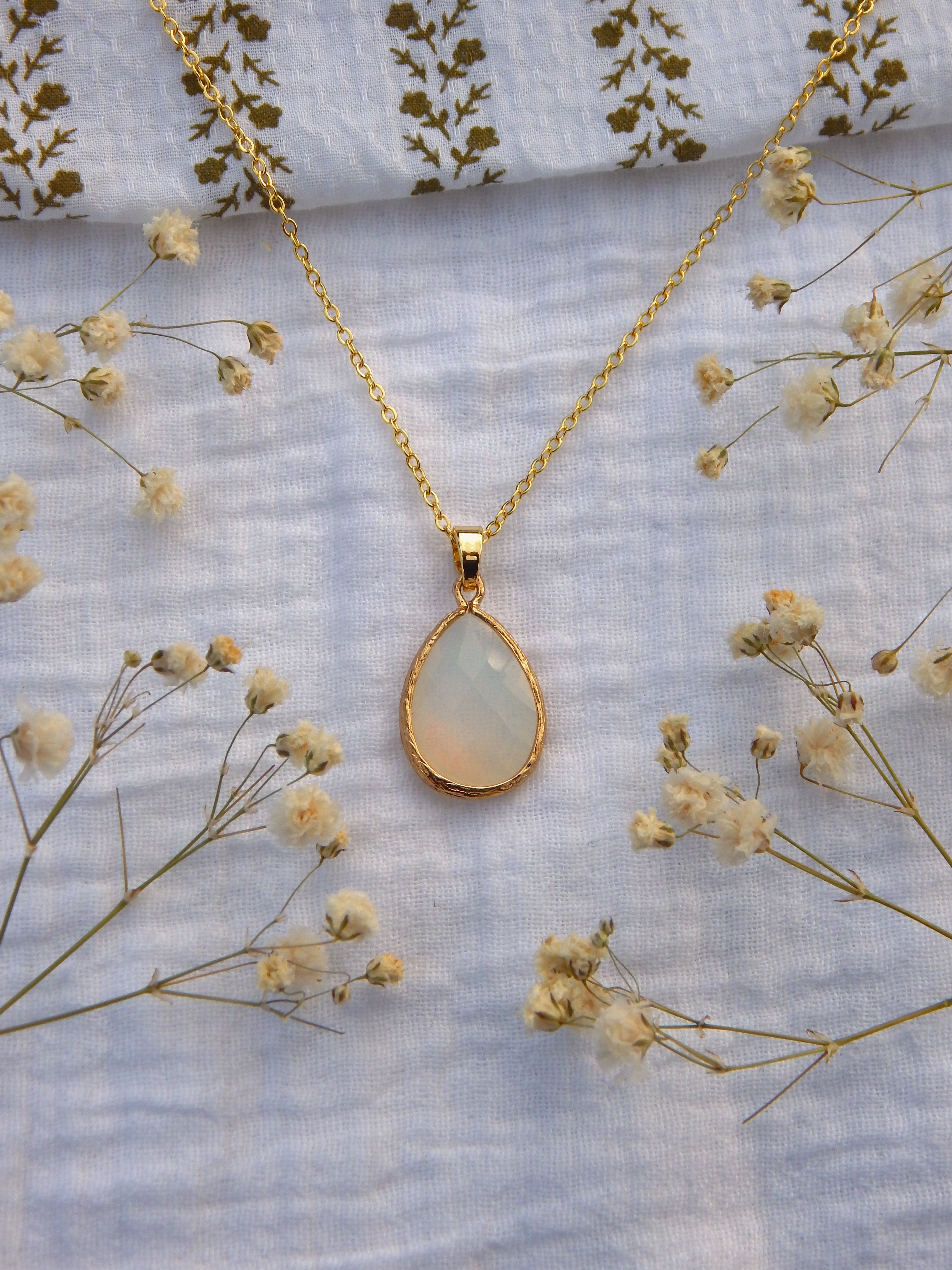 Iridescent Teardrop Necklace | Hardened Glass Pendant | Boho Gold Jewelry
