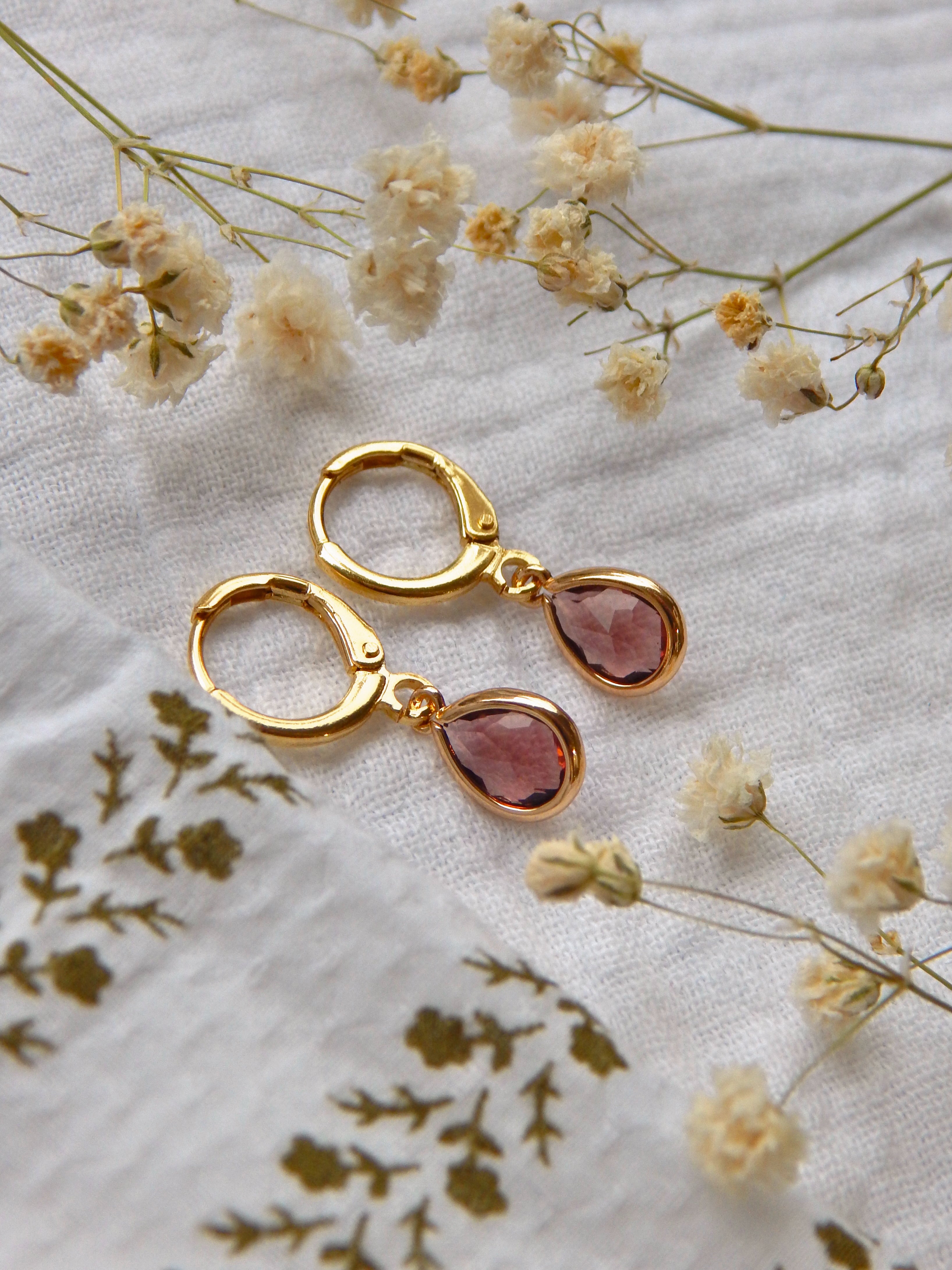 Maroon Glass Teardrop Huggie Earrings – Hardened Glass Drop Hoops | Lightweight Hypoallergenic Gold Jewelry