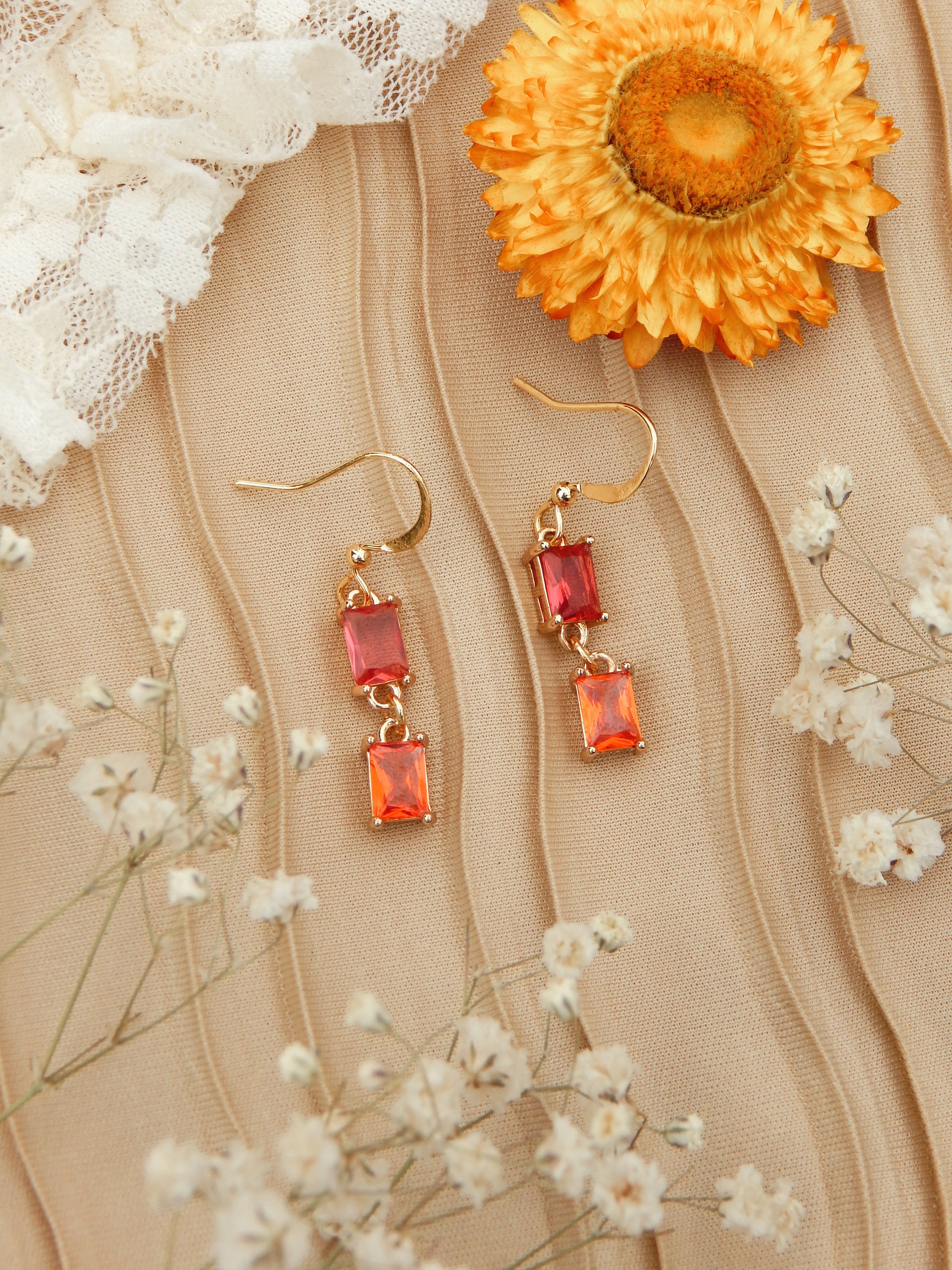 Sunset Radiance Drop Earrings – 18k Gold Plated with Pink & Orange Cubic Zirconia