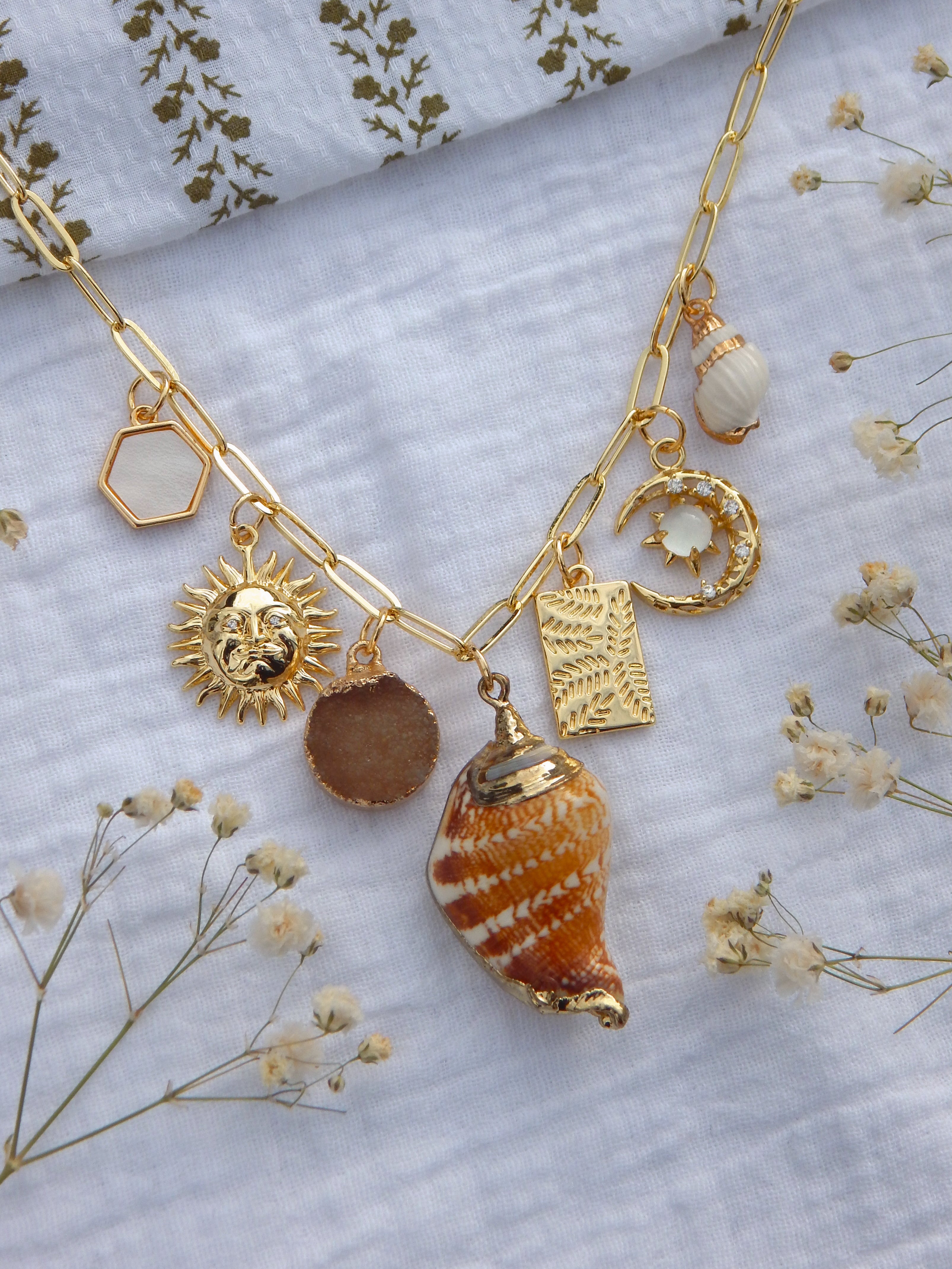One-of-a-Kind Coastal Charm Necklace | Natural Seashell & Druzy Pendant | Sun & Moon CZ Charms | Mother of Pearl Hexagon | 18” Gold Paperclip Chain