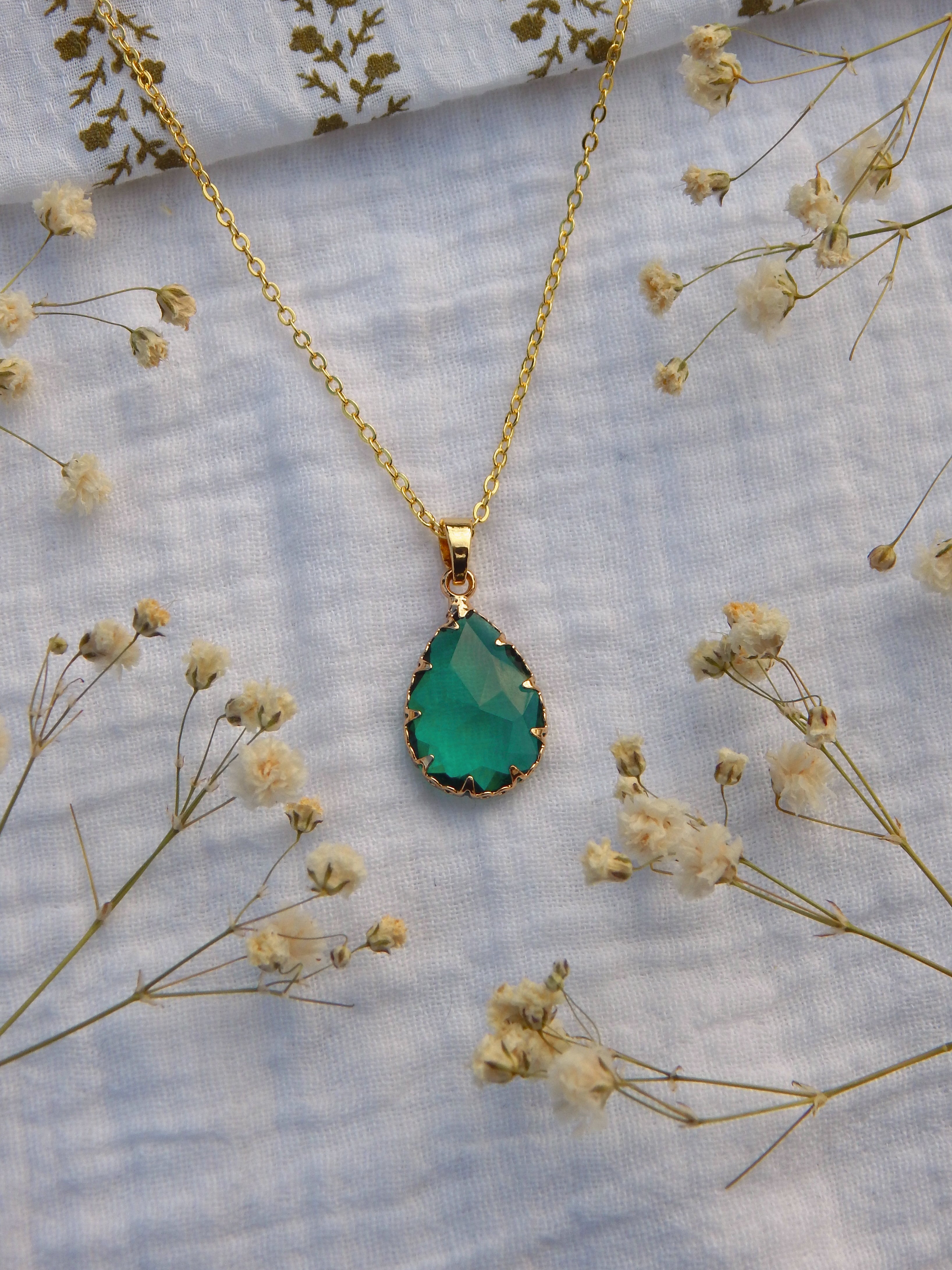 Teal Teardrop Necklace | Hardened Glass Pendant | Dainty Hypoallergenic Jewelry