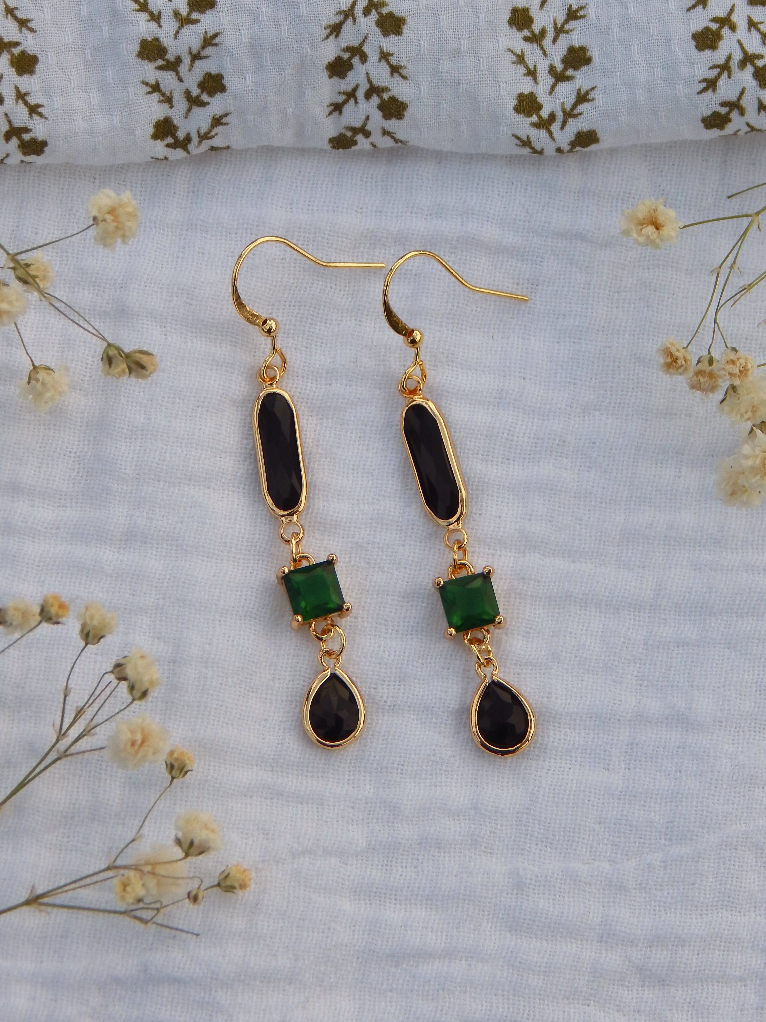 Black & Green Drop Earrings – Hardened Glass Teardrop & Green CZ | Lightweight Hypoallergenic Gold Dangles