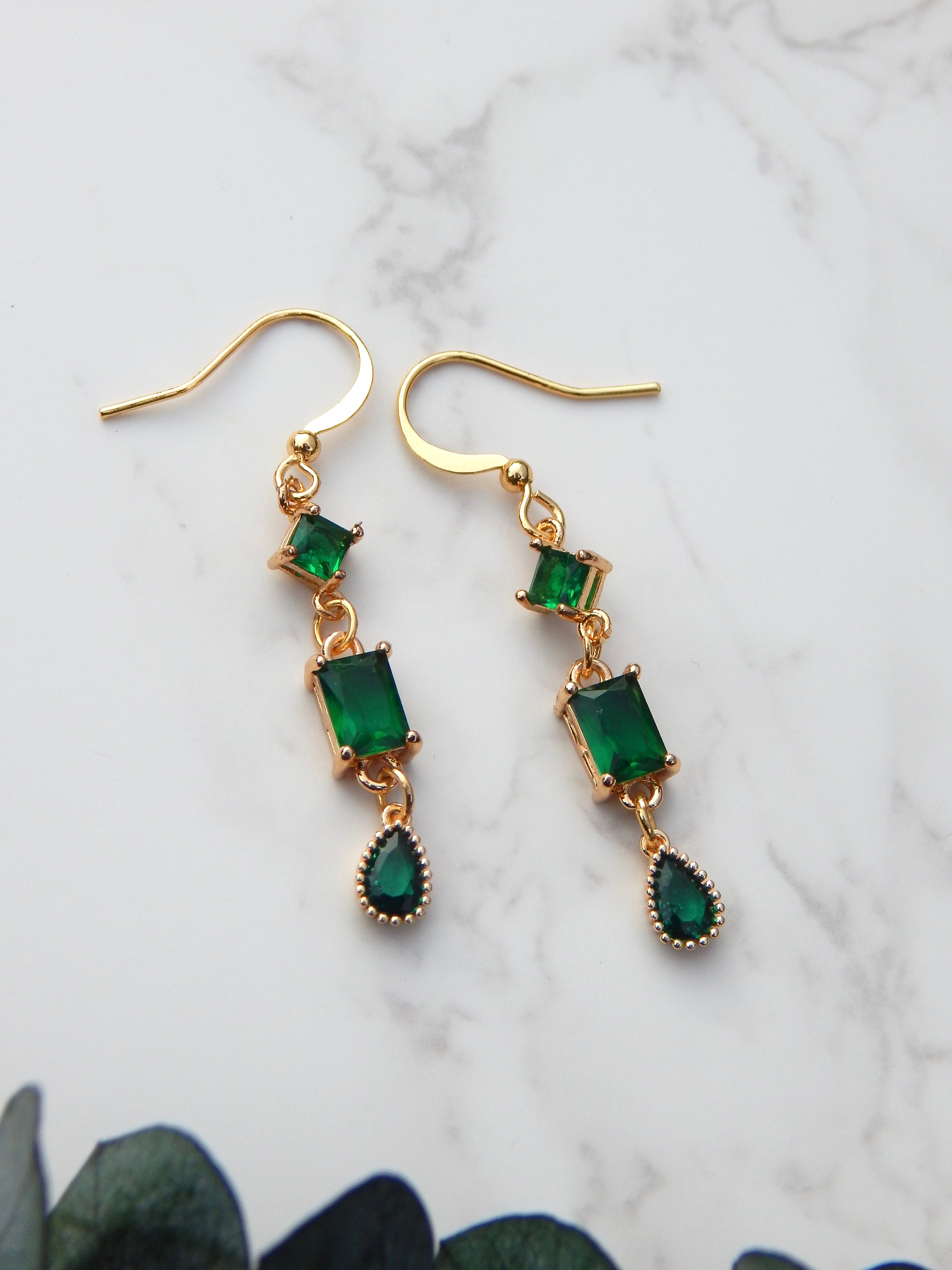 Green Gold Geometric Dangle Earrings