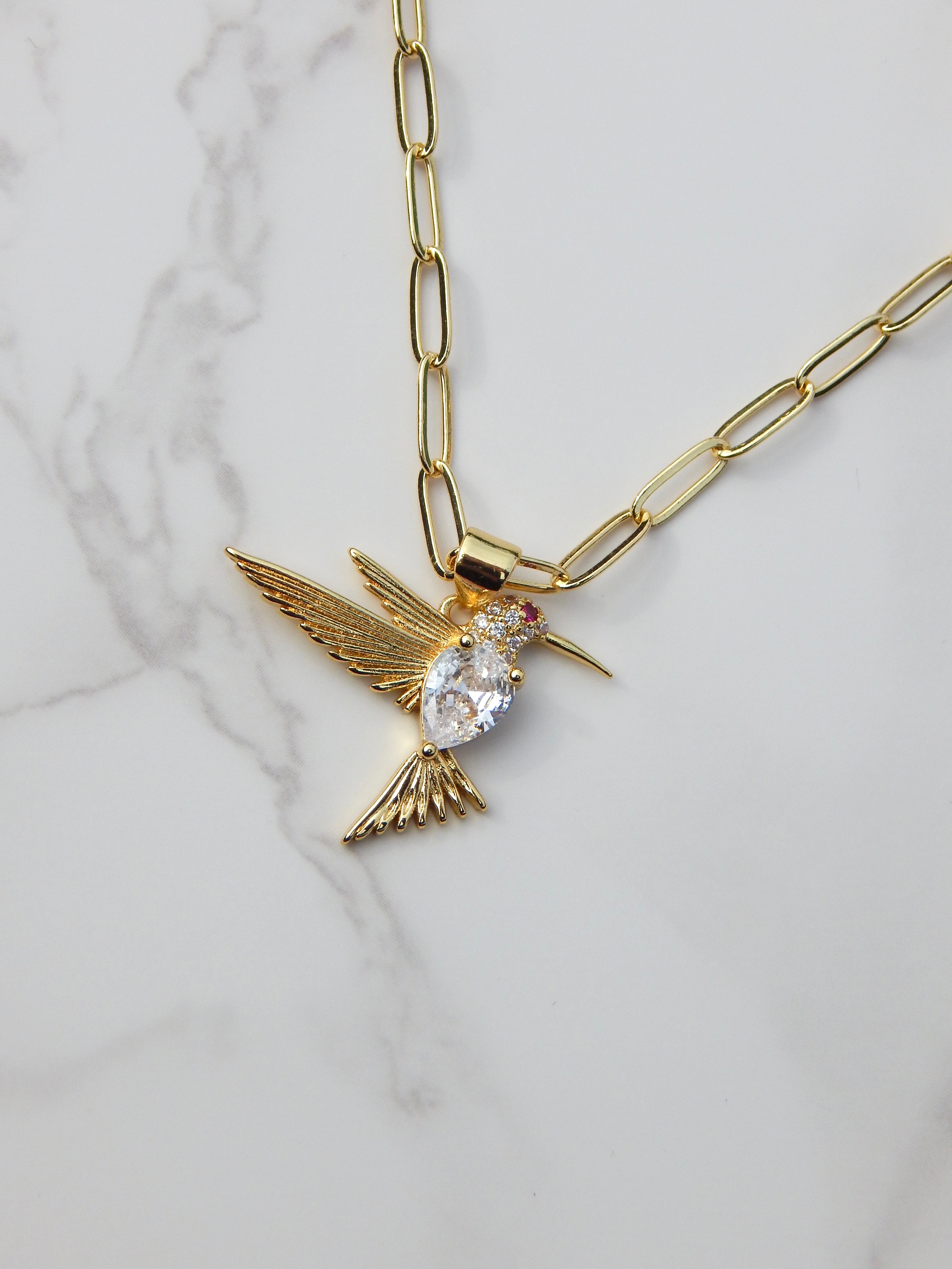 22 inch Gold Hummingbird Paperclip Chain Necklace