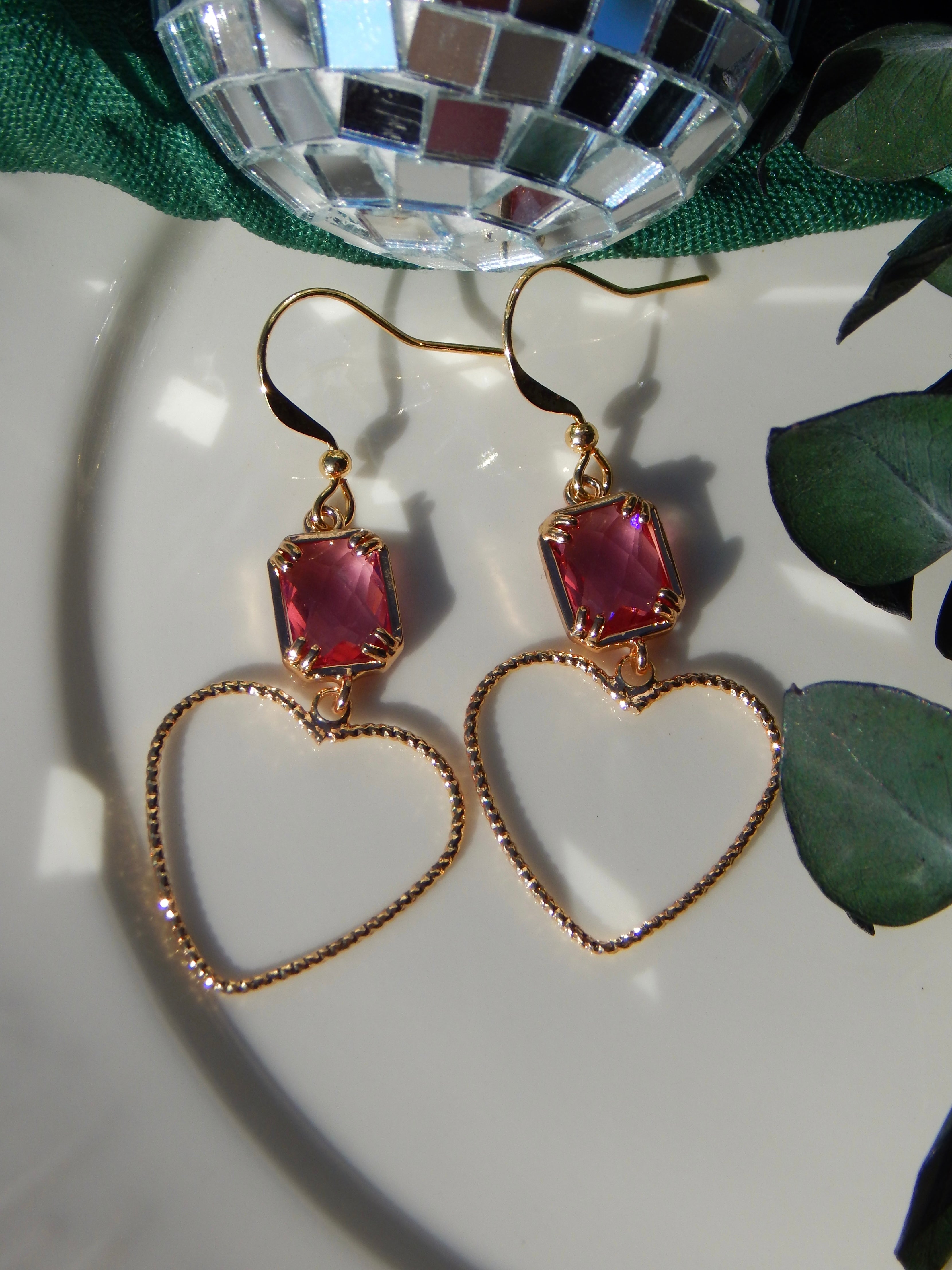 Pink and Gold Heart Dangle Earrings