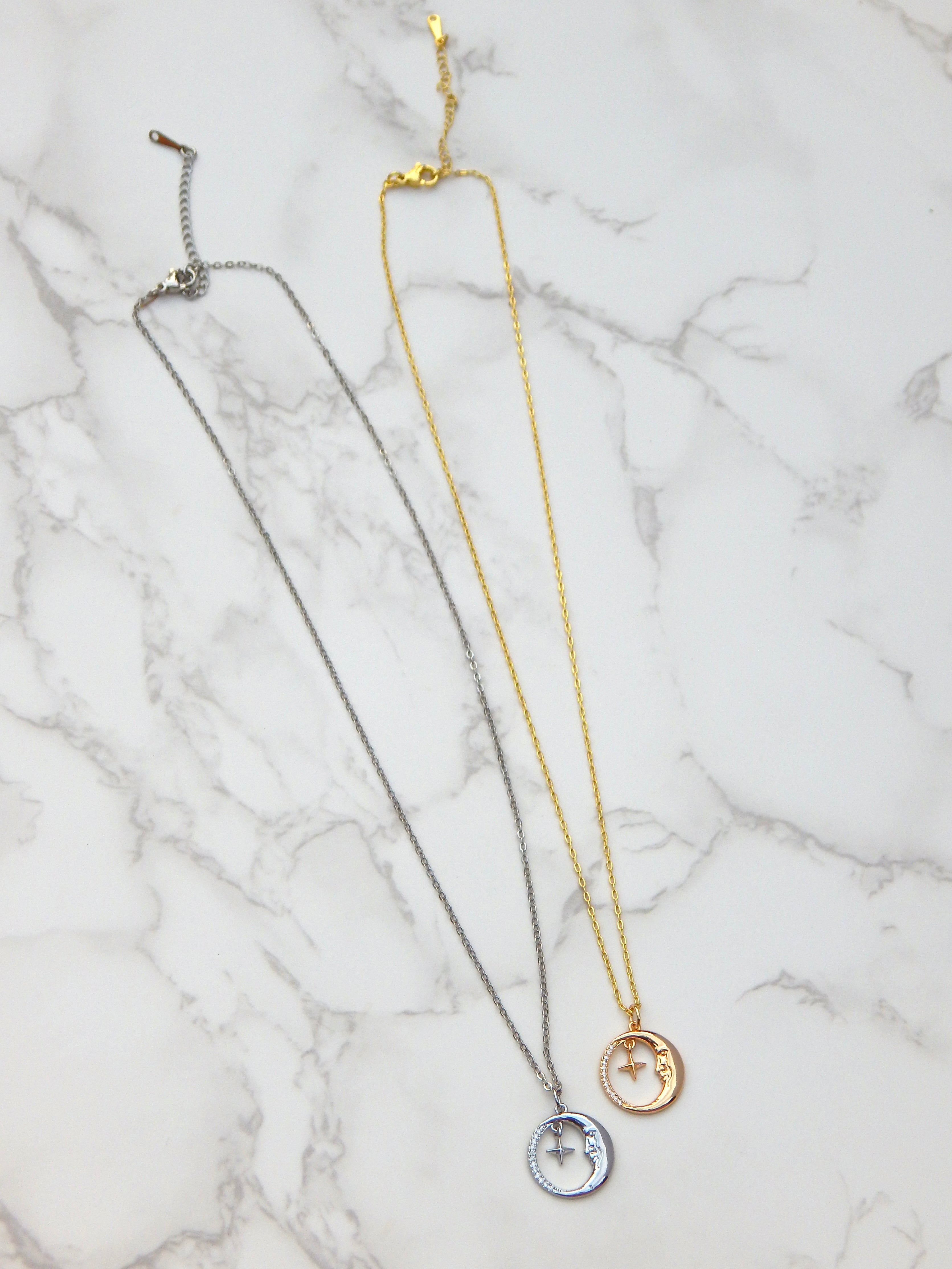 Celestial Moon & Star Necklace – Gold or Silver Lunar Face Pendant