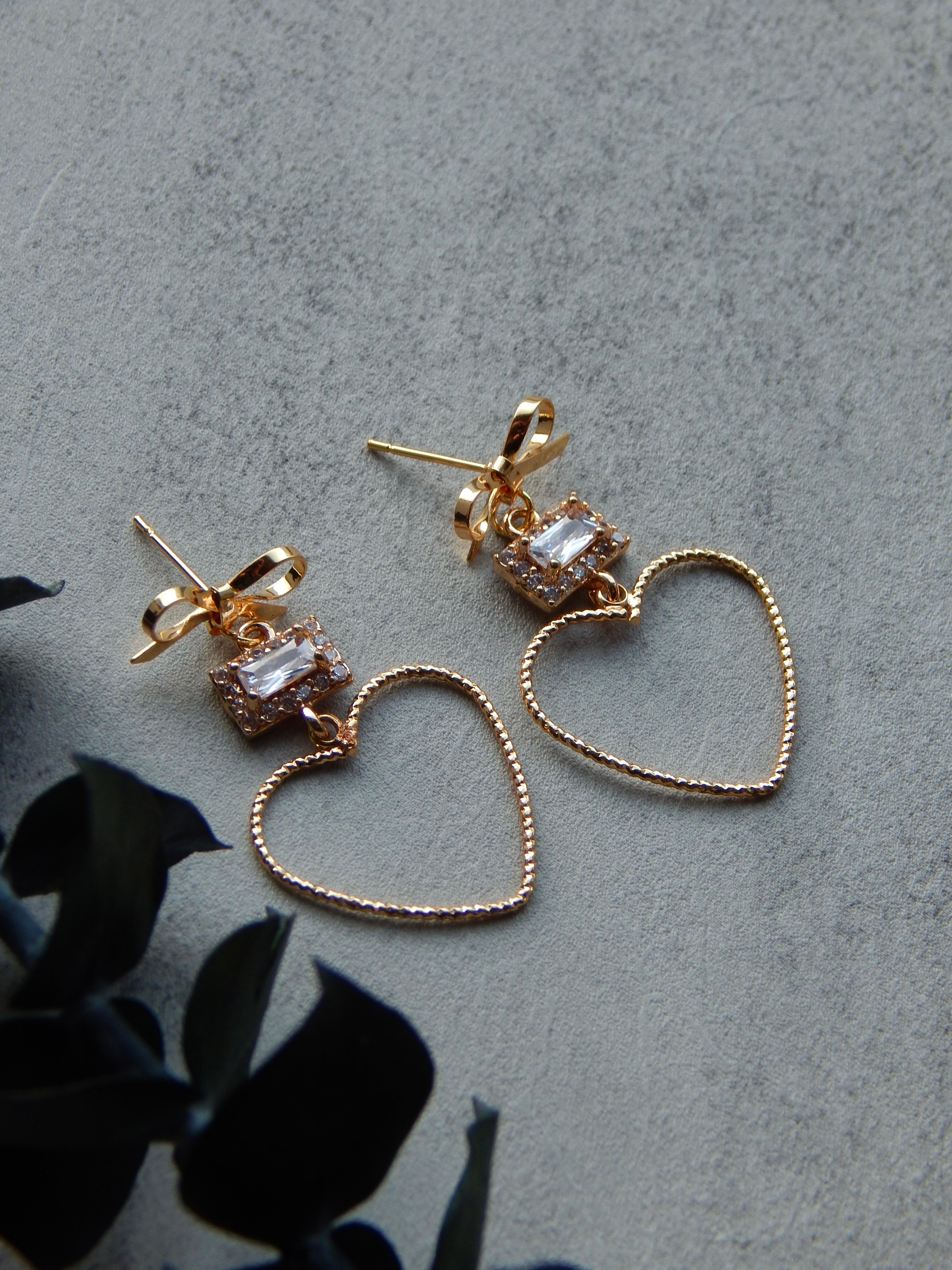 Sparkly Gold Heart Bow Earrings