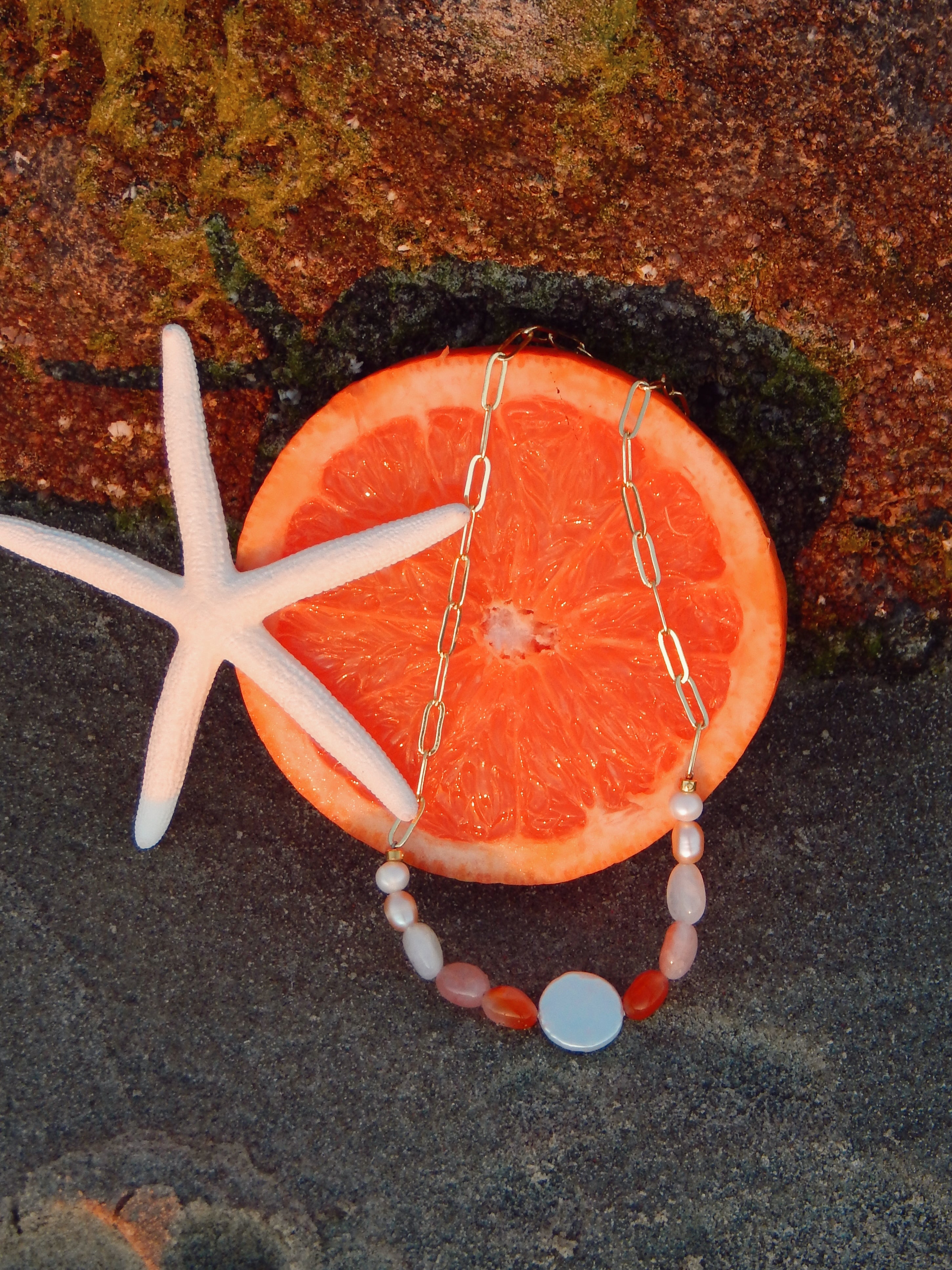 Sunset Soul Necklace – Gold Chain with Freshwater Pearls and Orange Pink Gemstones