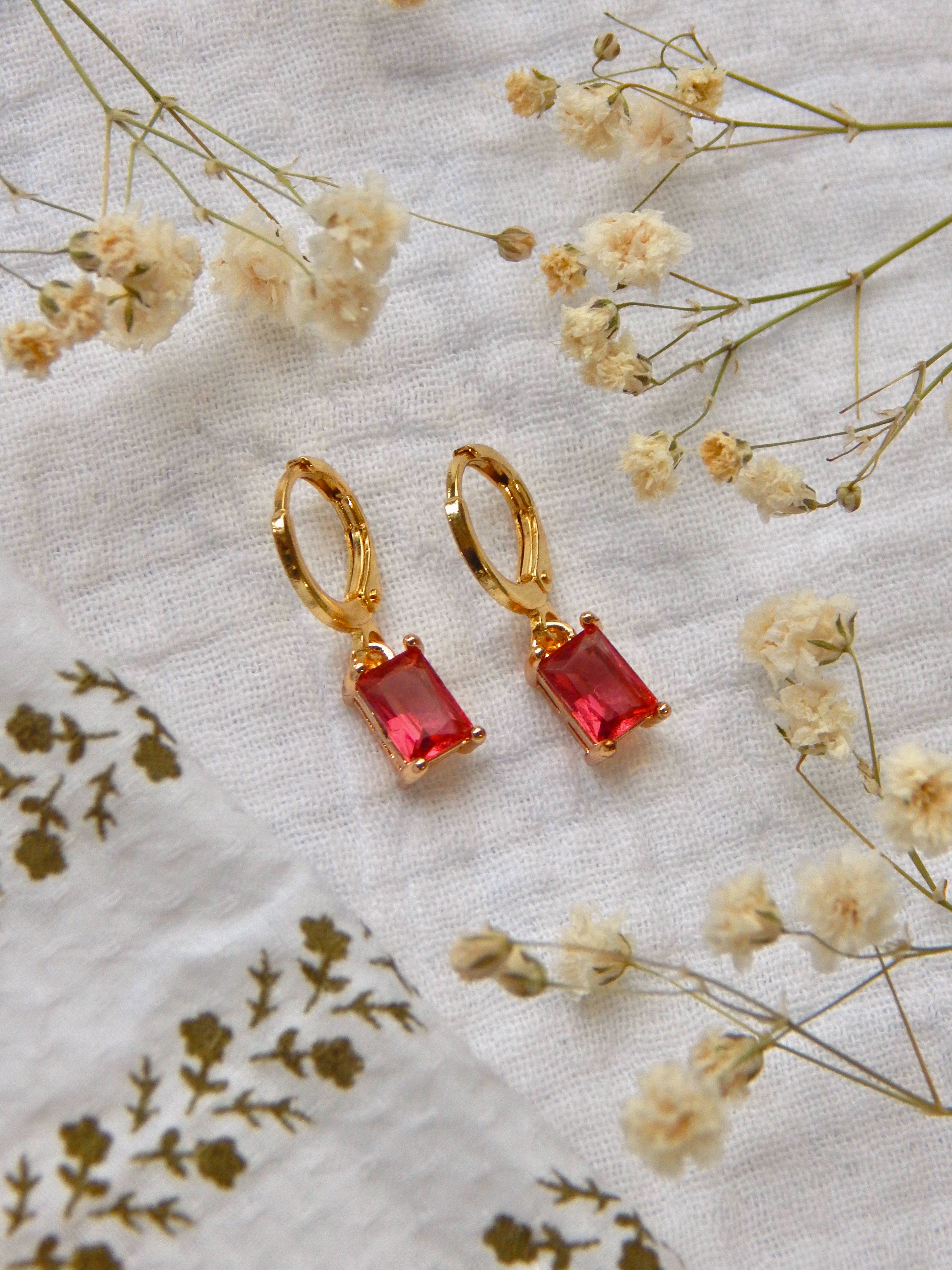 Pink CZ Rectangle Huggie Earrings – Gold Cubic Zirconia Drop Hoops | Lightweight Hypoallergenic Jewelry