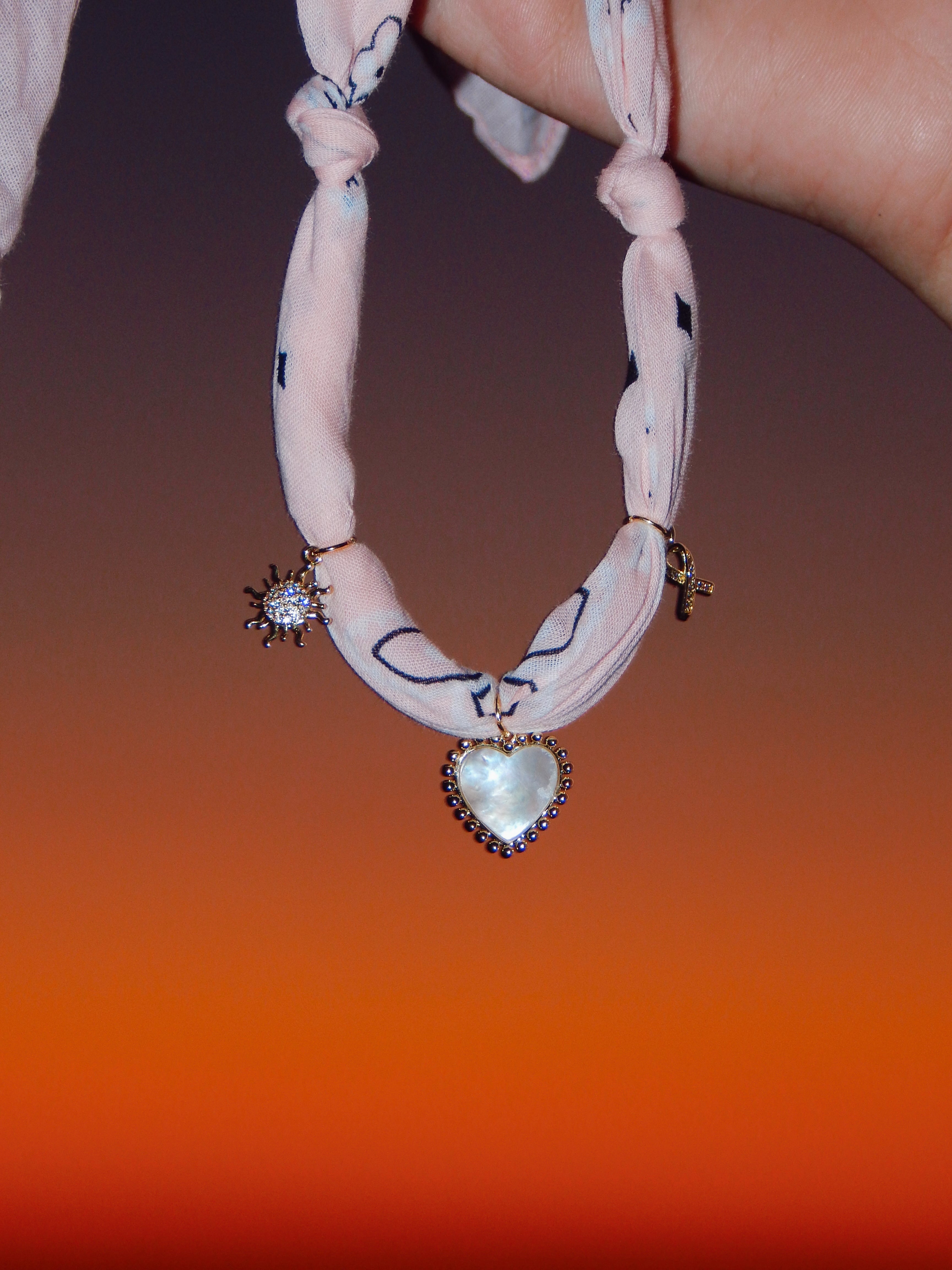Pink Sunrise Bandana Charm Necklace – Adjustable 20” Max | Mother of Pearl Heart & 18k Gold Accents