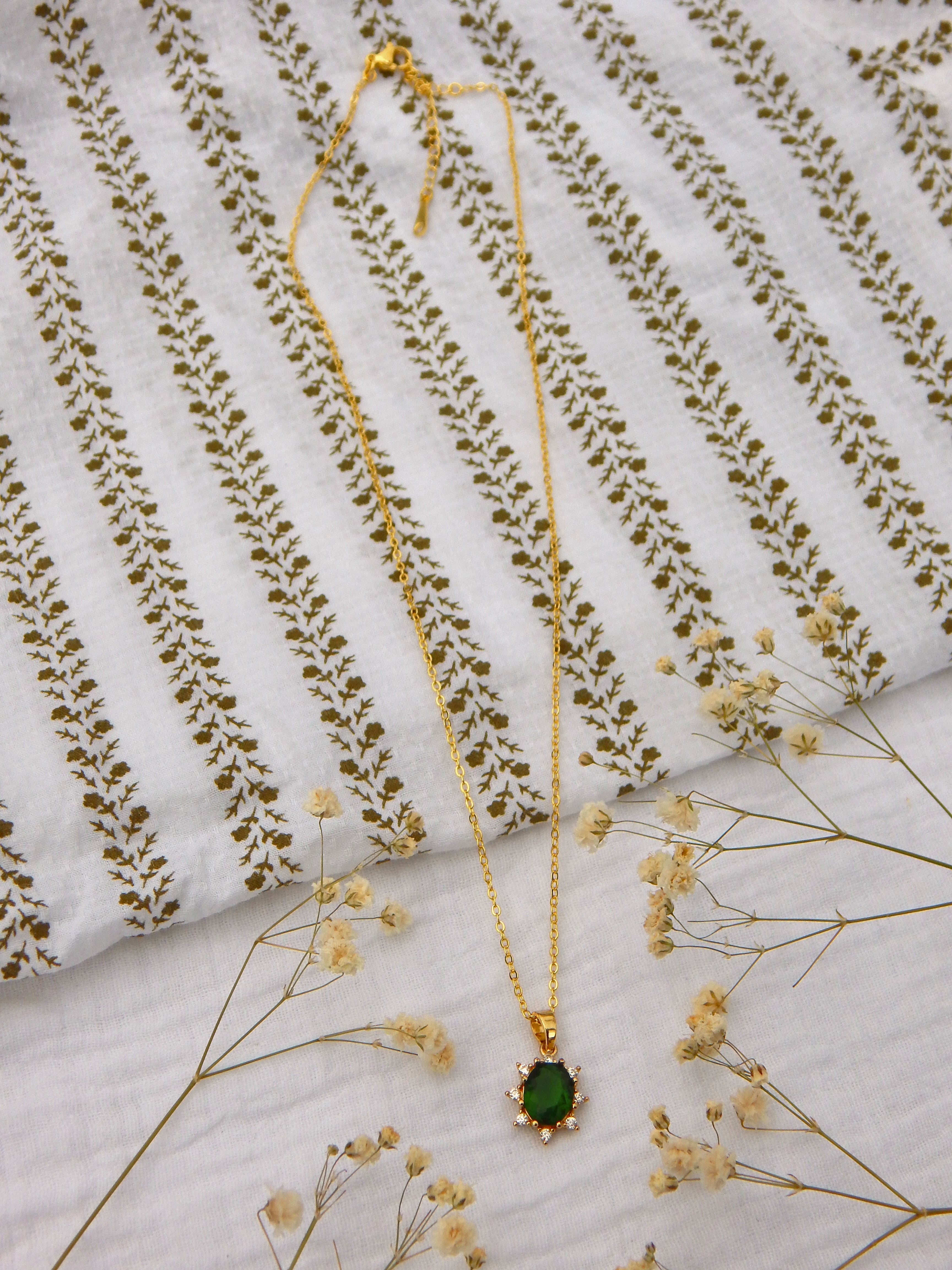 Emerald Sunburst CZ Necklace — Gold, Dainty Green Pendant (Hypoallergenic)