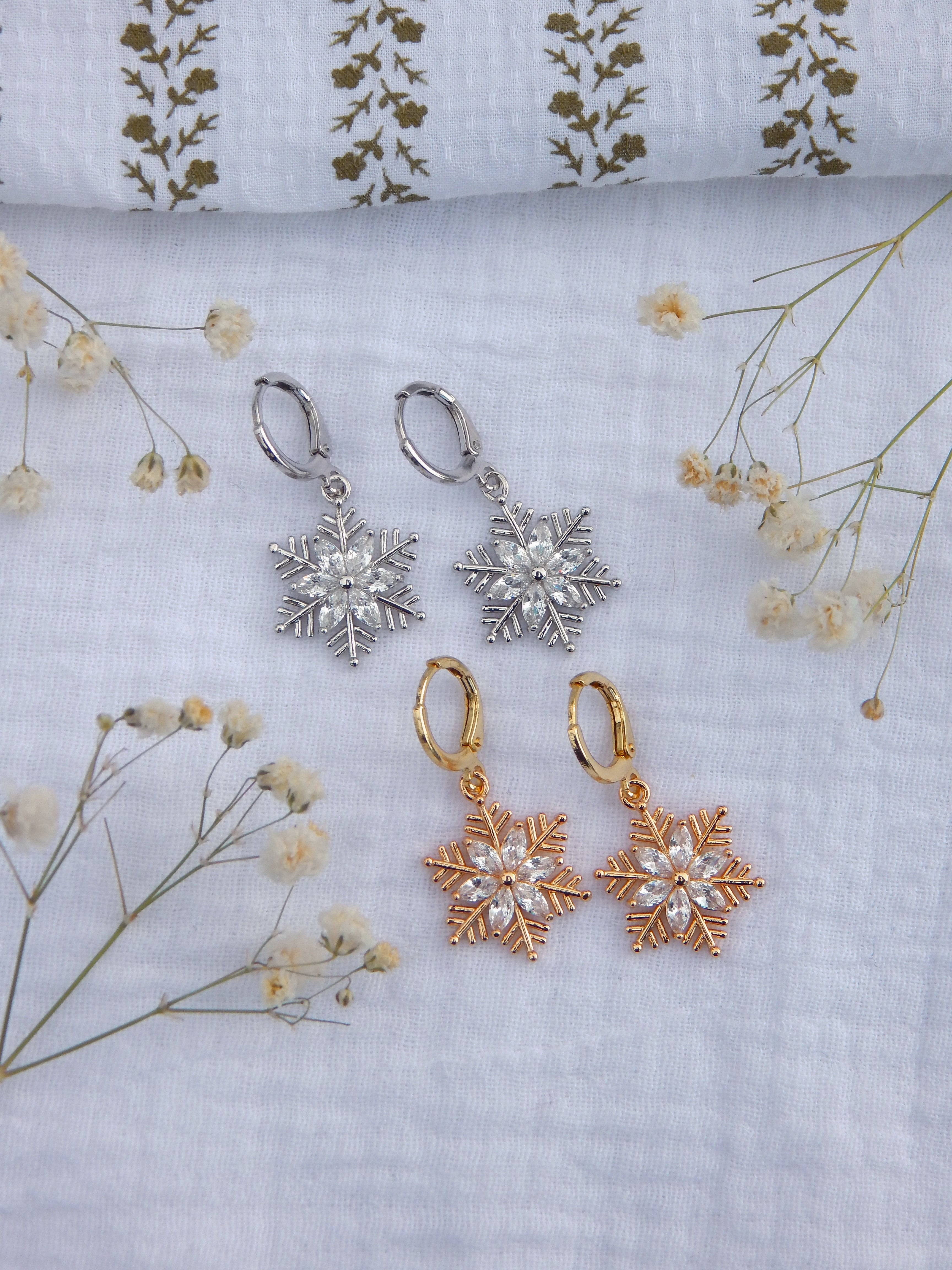 CZ Snowflake Huggie Earrings | Gold or Silver Winter Huggies | Dainty Hypoallergenic Christmas Jewelry