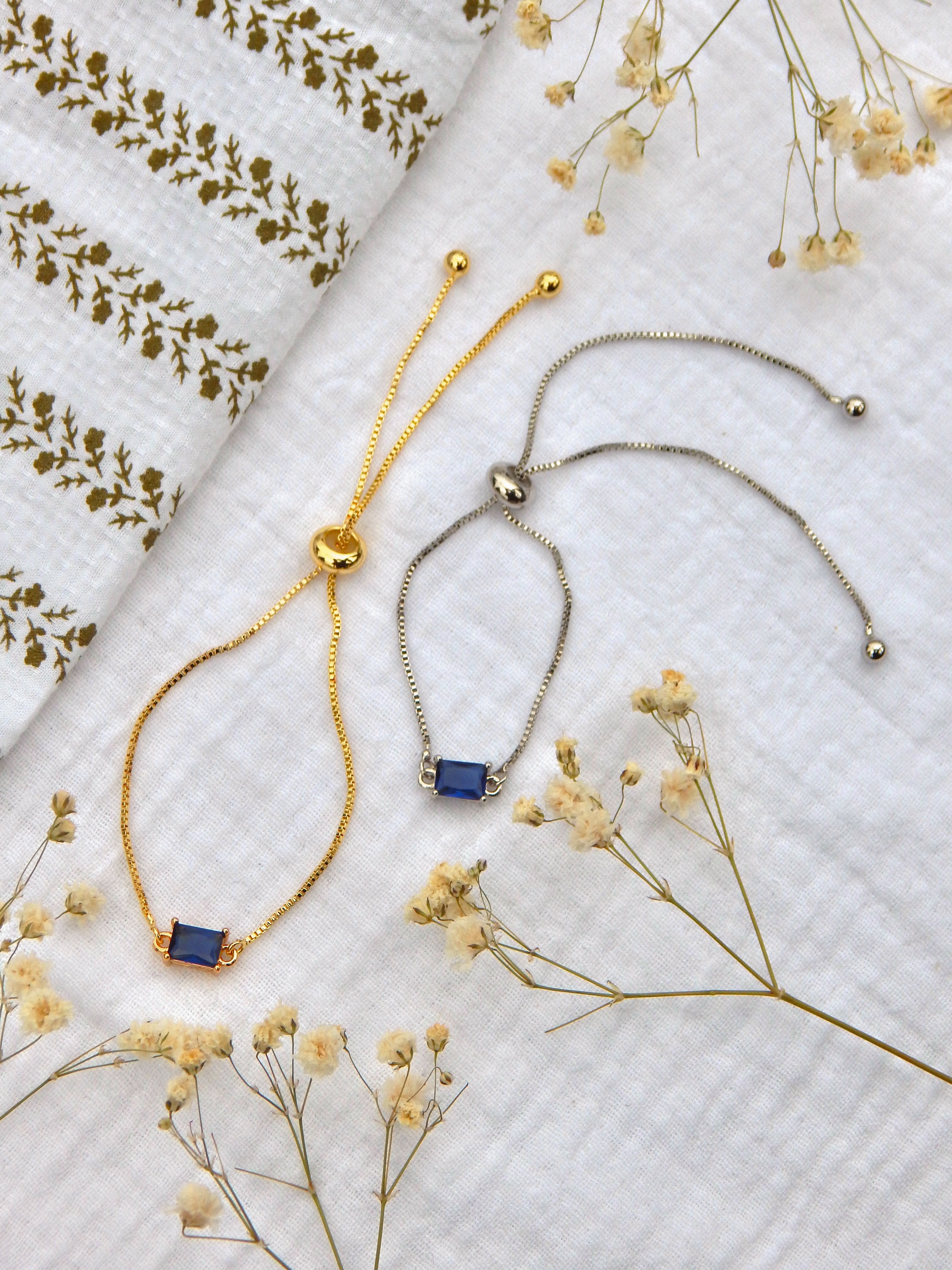 Blue CZ Adjustable Bracelet – Gold or Silver Slide Bracelet | Dainty Hypoallergenic Everyday Jewelry