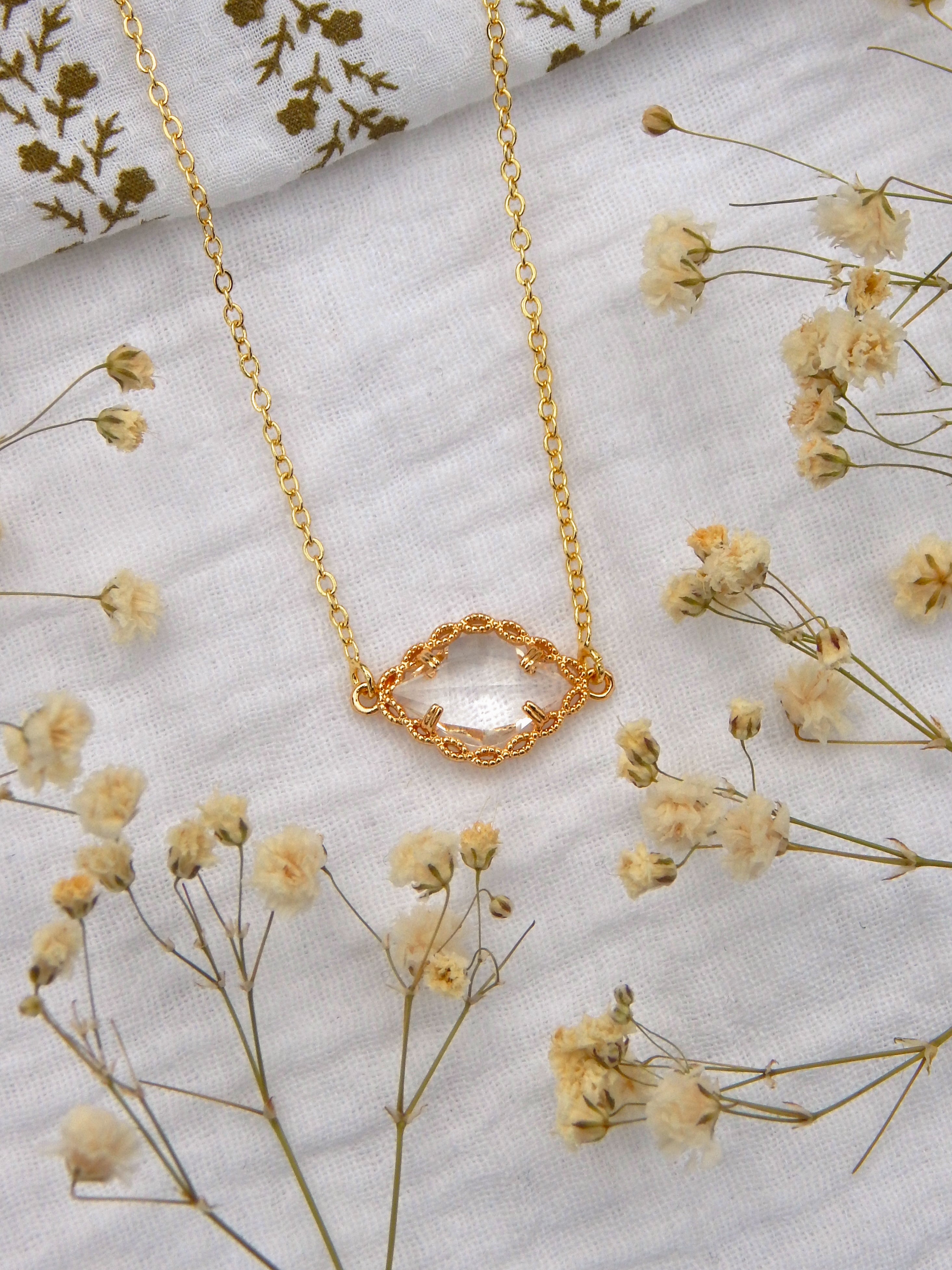 Golden Crystal Vine Necklace | Dainty Clear Pendant | Hypoallergenic Tarnish Resistant Jewelry