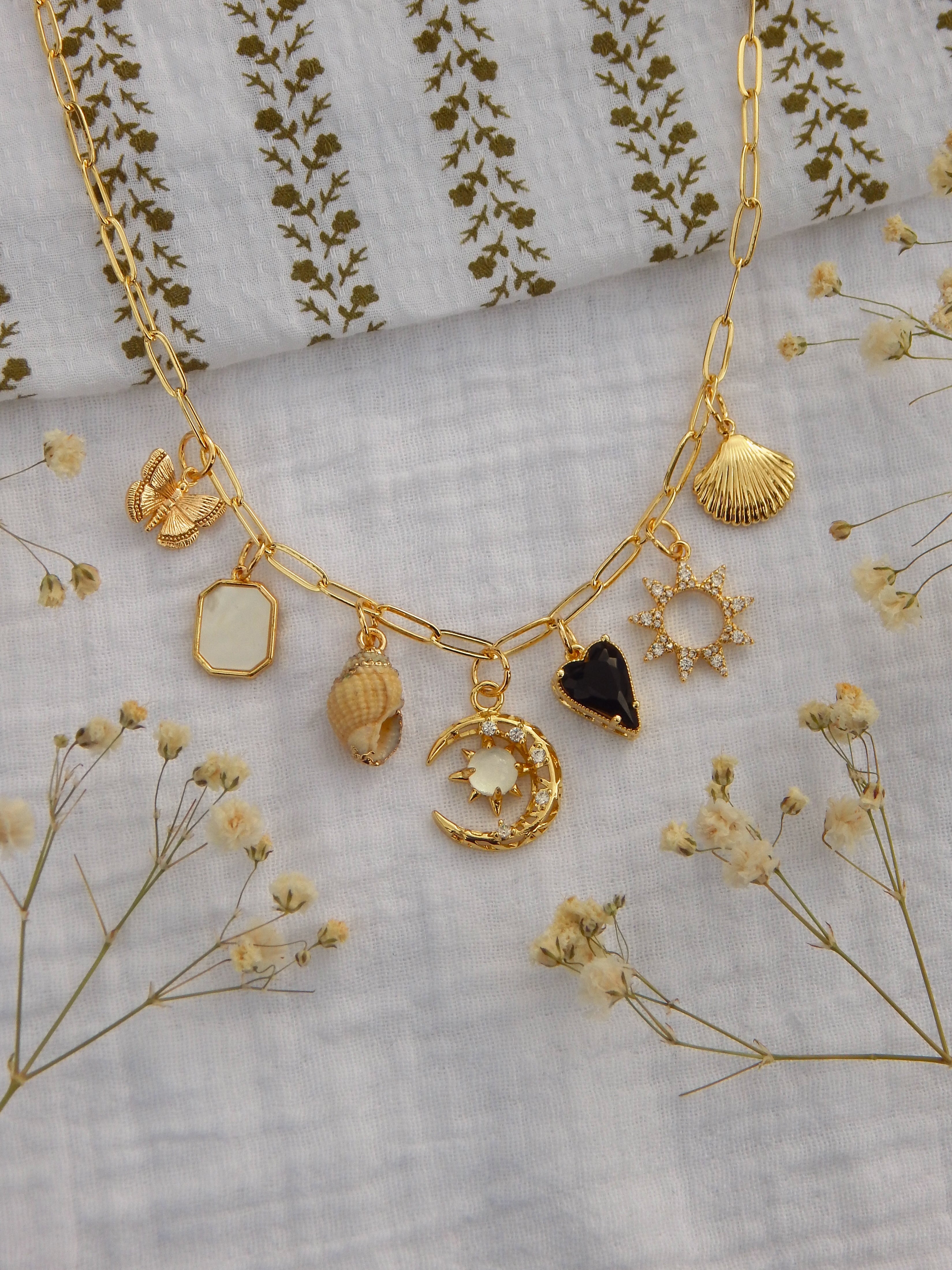 One-of-a-Kind Coastal Celestial Charm Necklace | Moon & Sun Pendant | Black CZ Heart, Natural Seashell & Mother of Pearl | 18” Gold Paperclip Chain