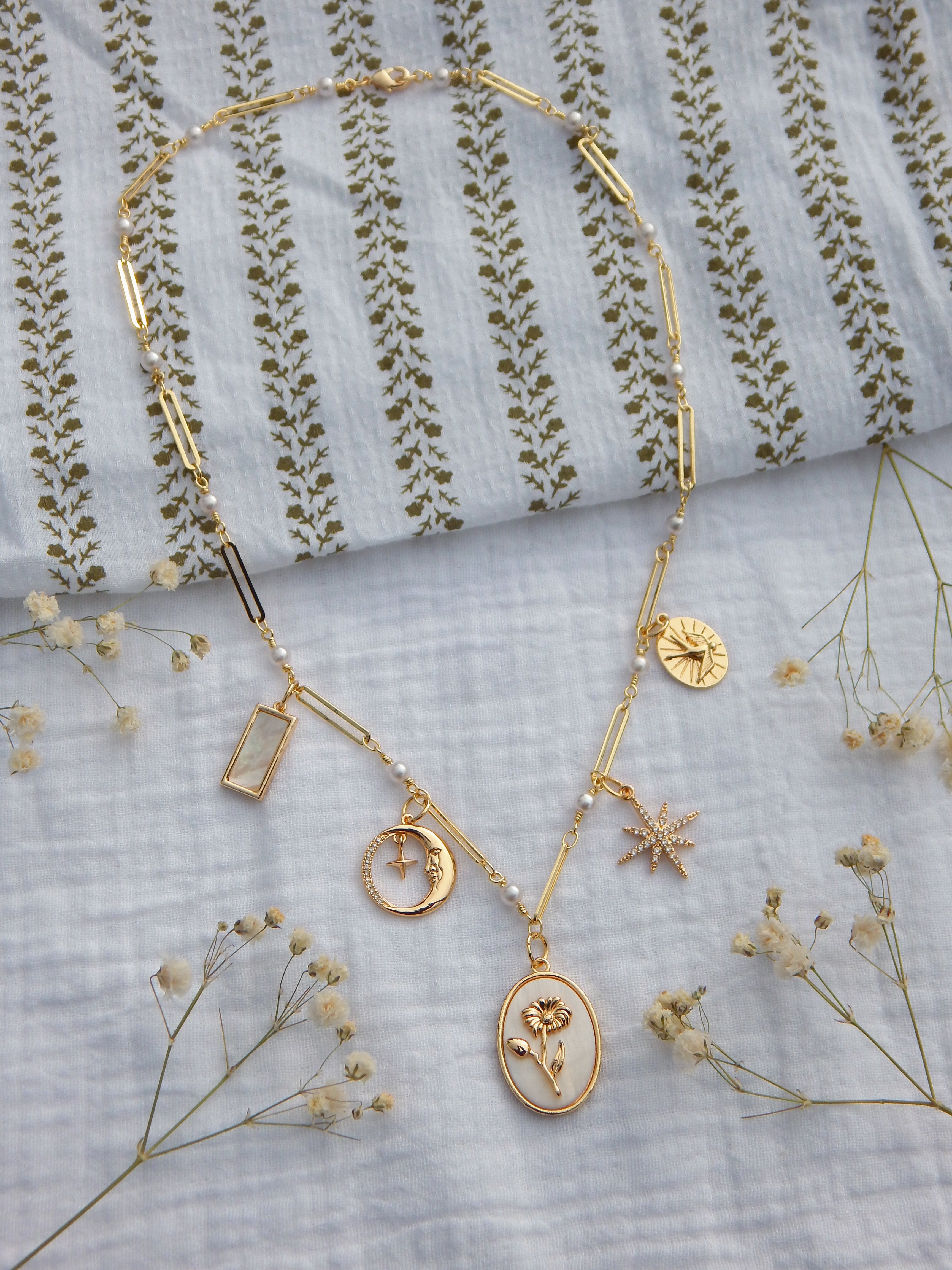 One-of-a-Kind September Birth Flower Necklace | Aster Flower Charm | Pearl & Paperclip Chain | Celestial Moon & Starburst | Gold Hypoallergenic Jewelry